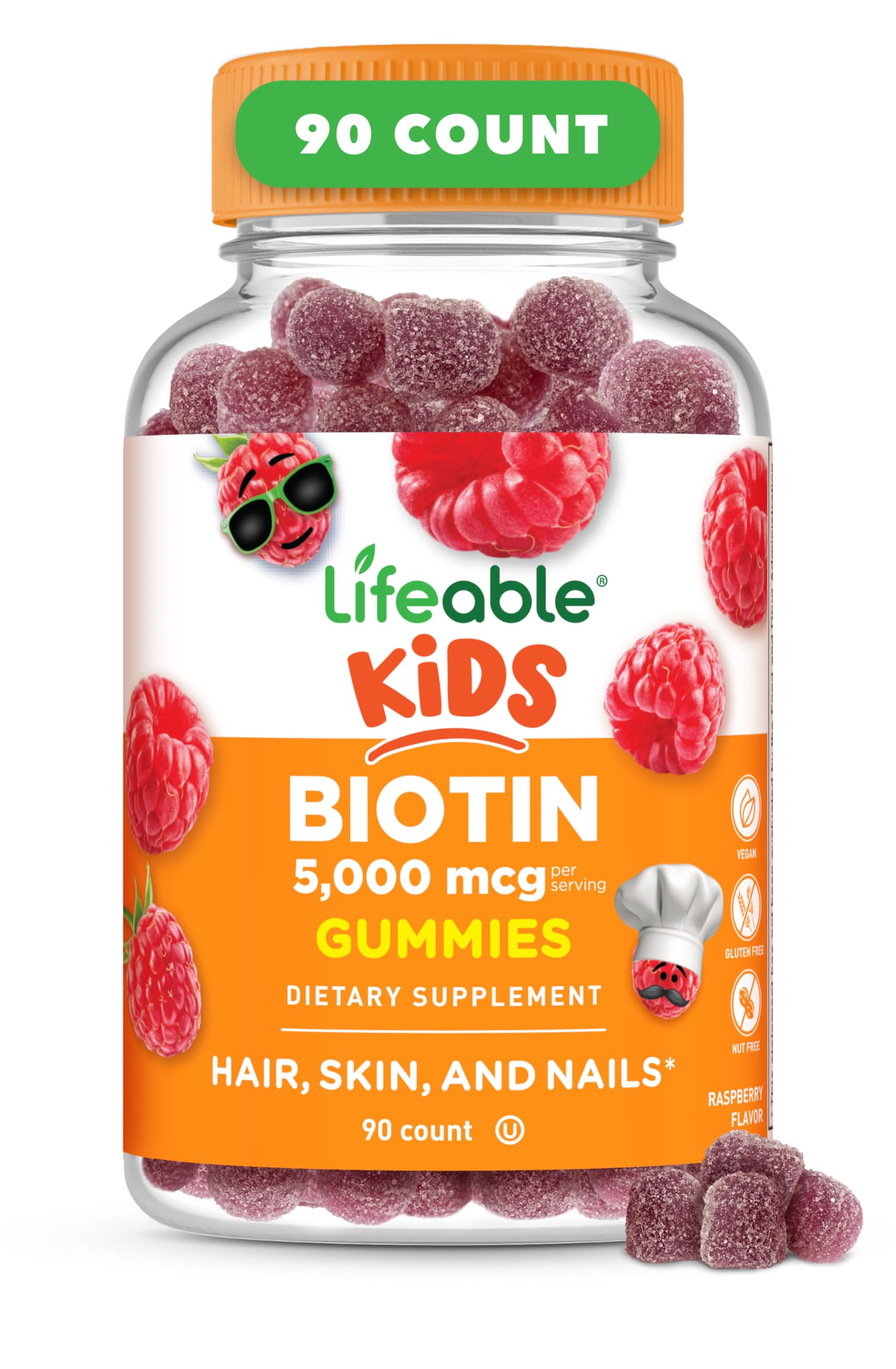 Lifeable Kids Biotin Gummies – bouteille rouge, goût framboise, soutien potentiel aux cheveux et ongles.