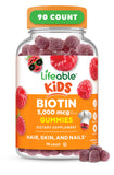 Lifeable Kids Biotin Gummies – bouteille rouge, goût framboise, soutien potentiel aux cheveux et ongles.