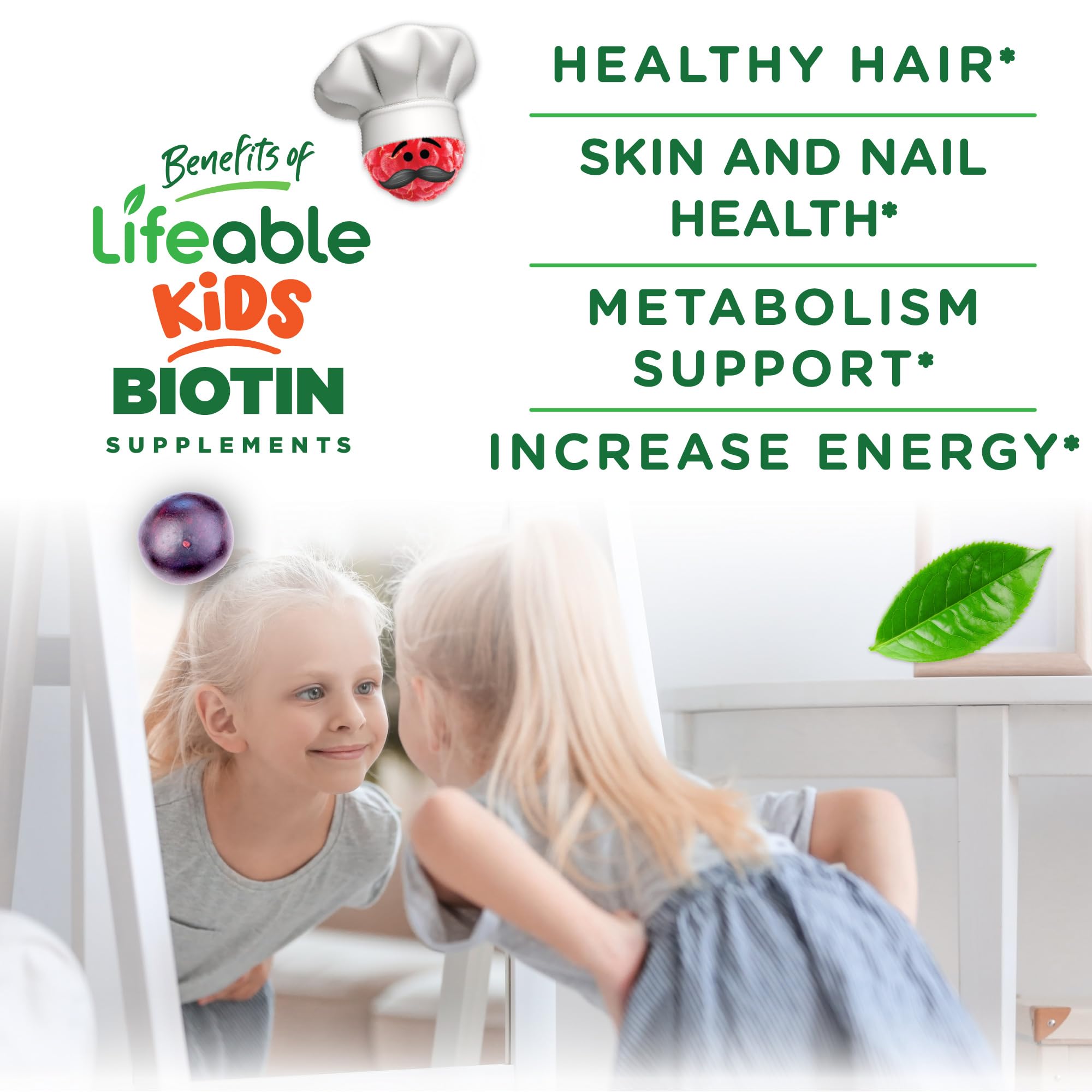 Lifeable Kids Biotin Gummies – goût framboise naturel, plaisir quotidien pour les enfants.