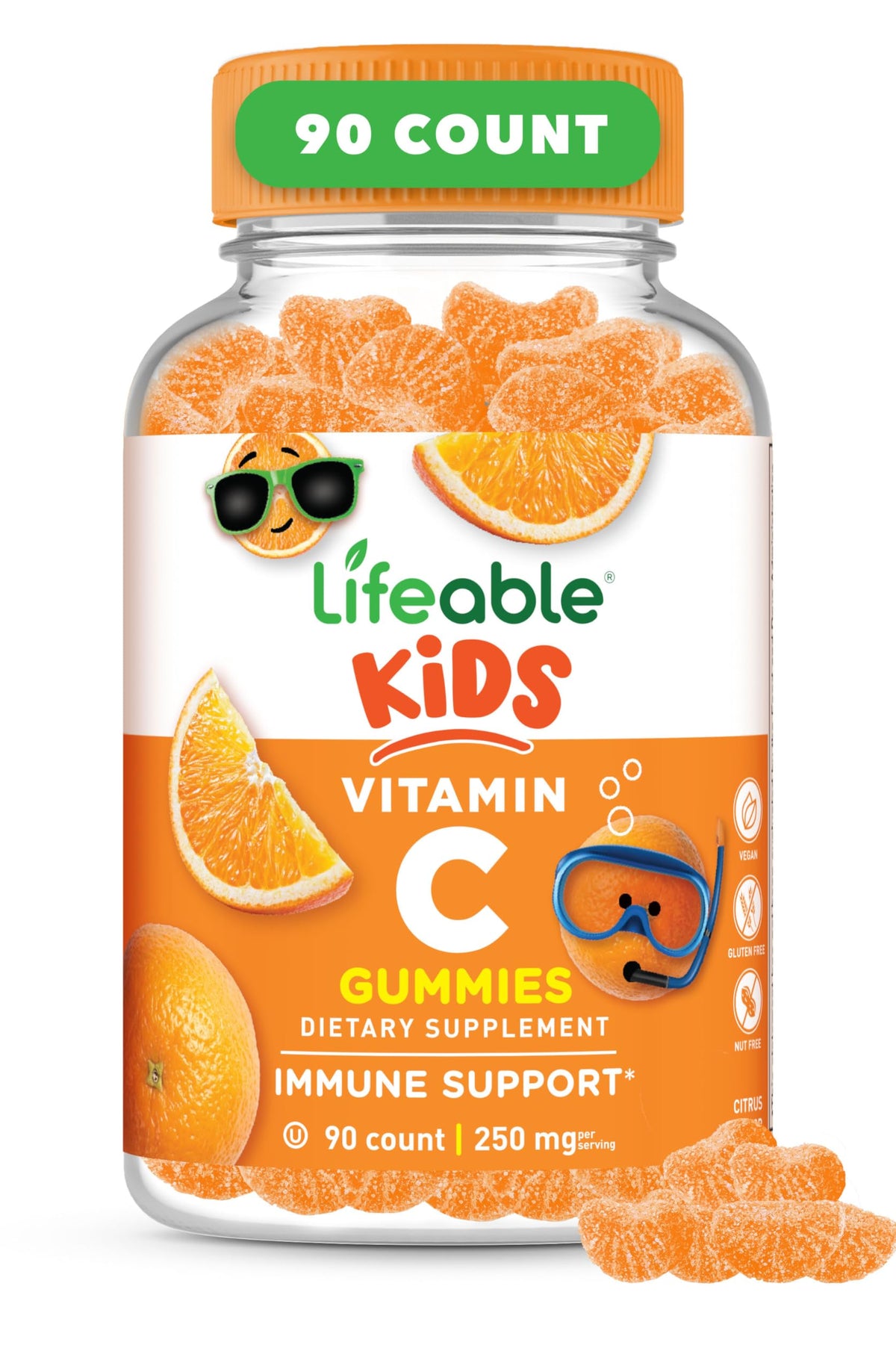 Gommes Vitamine C Lifeable pour Enfants, boîte orange, goût agréable et format pratique.