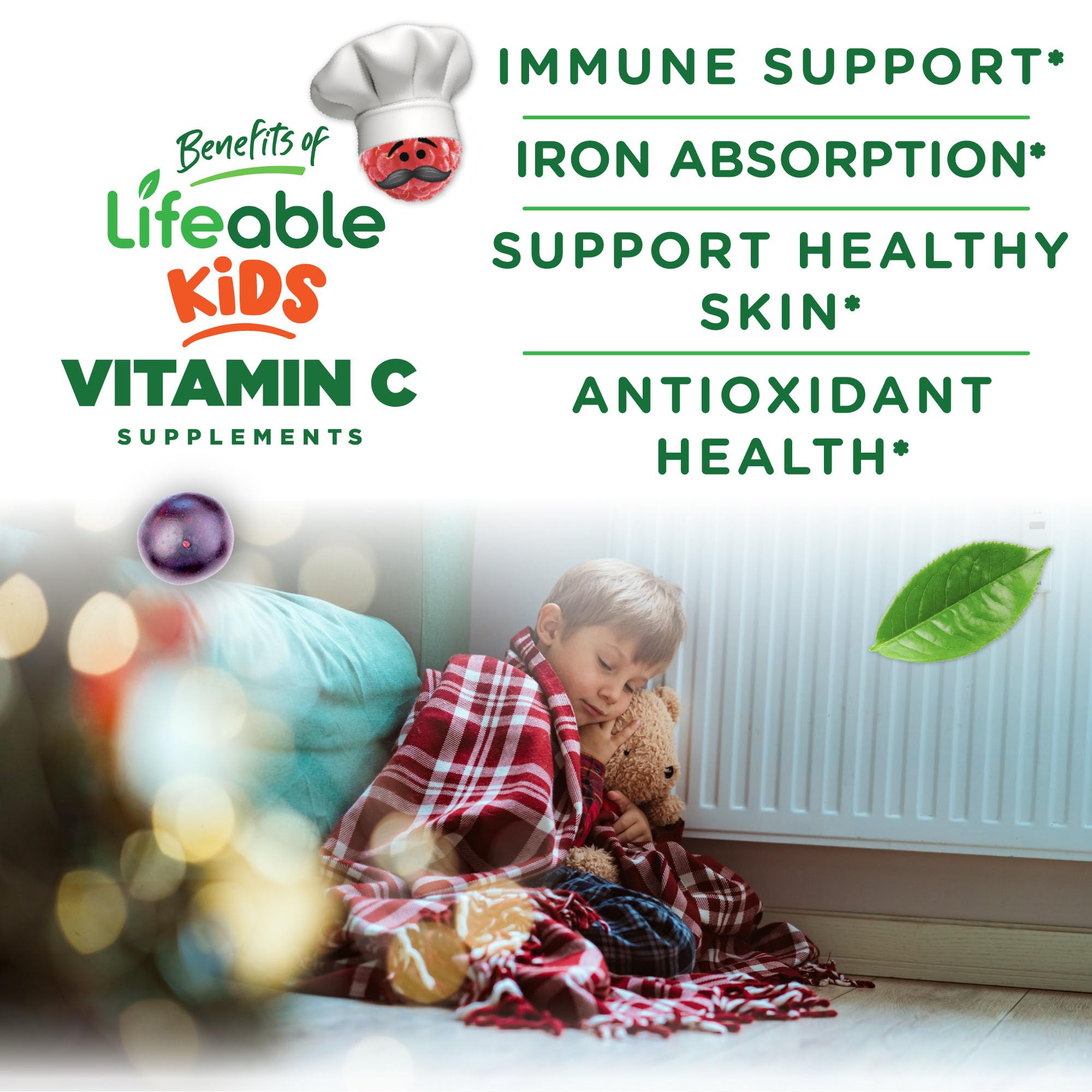Portion de Lifeable Vitamine C pour Enfants, flacon de 90 gommes et 45 portions.