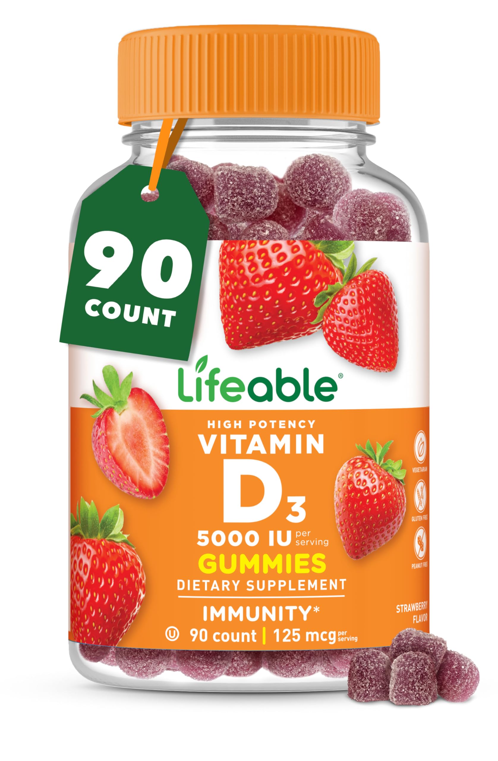 Lifeable vitamine D gommes adultes, bouteille visible, soutien potentiel à l'absorption du calcium.