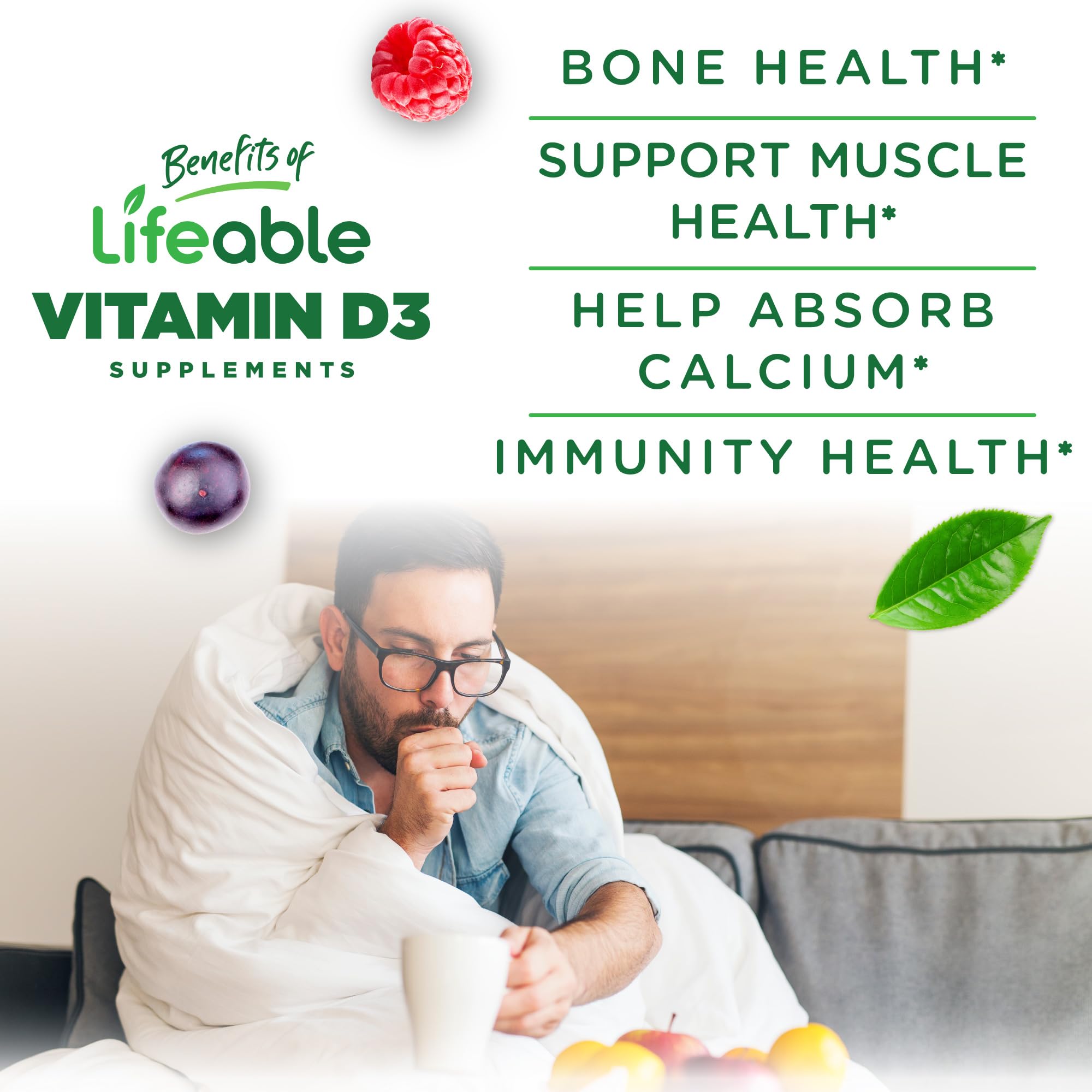 Lifeable vitamine D gommes adultes, texture moelleuse et mâchage facile.