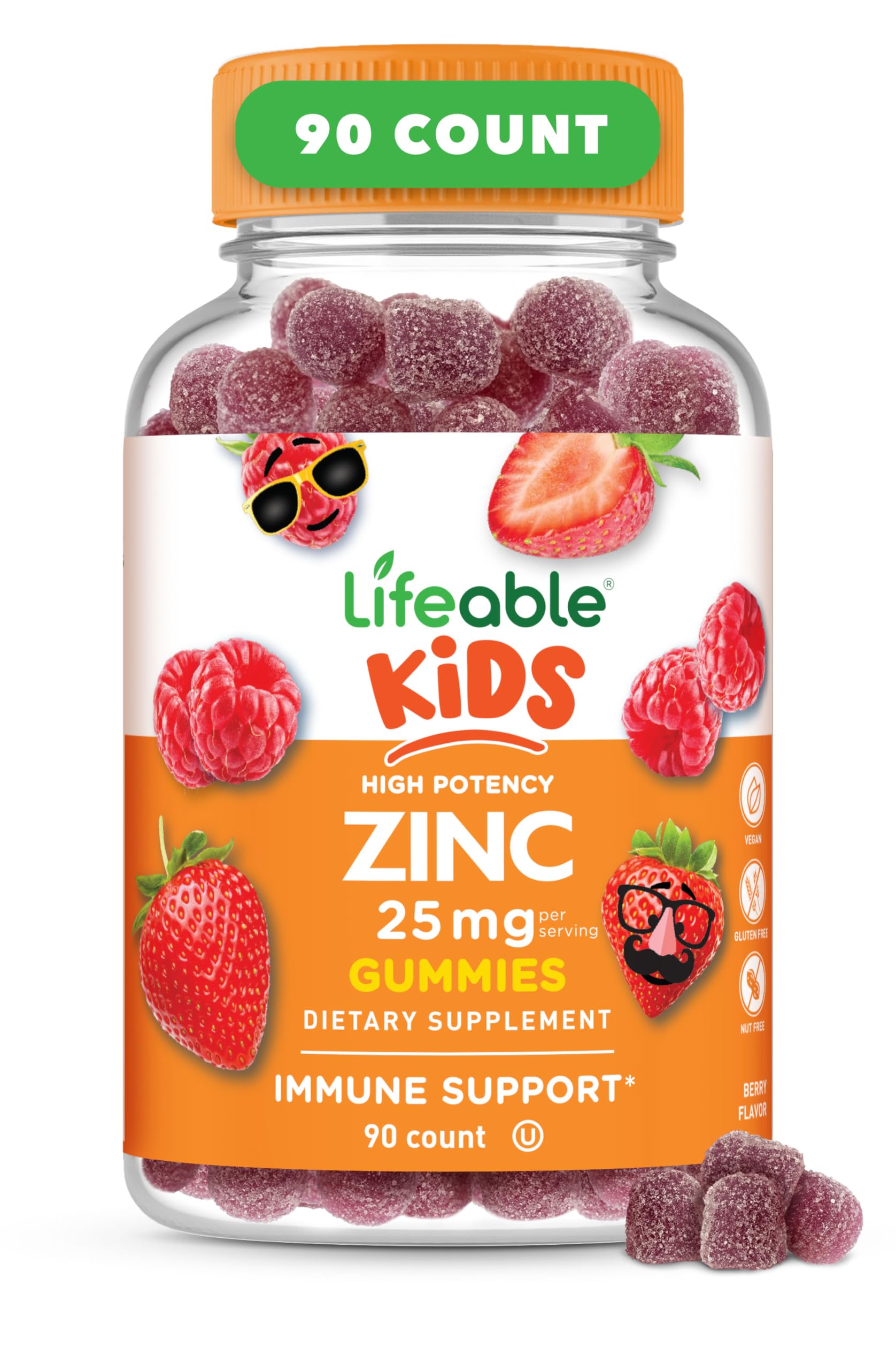 Lifeable Zinc pour enfants : bouteille 90 gommes, 25 mg, pratique au quotidien.