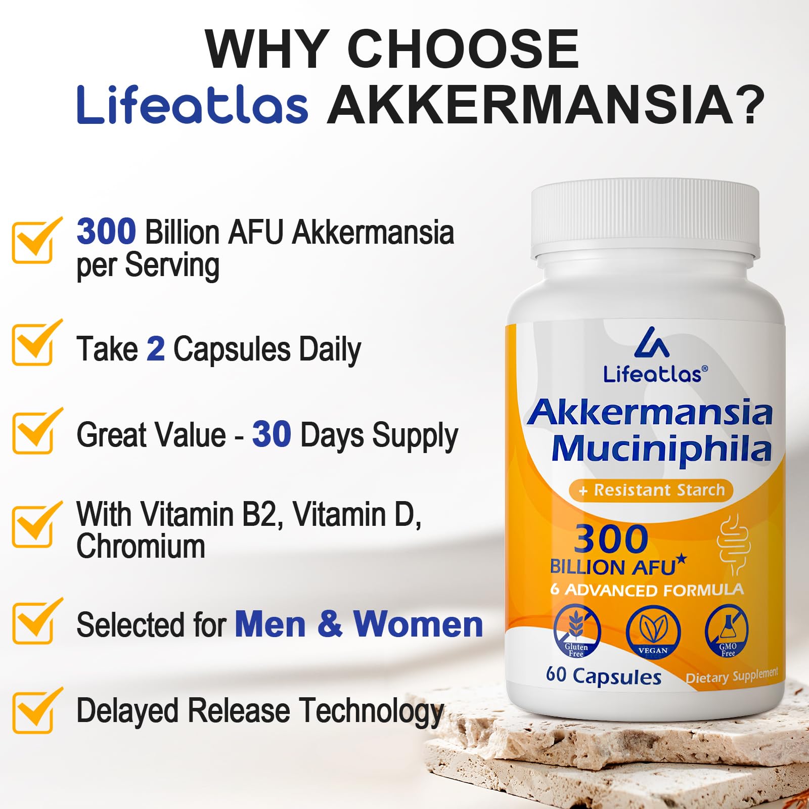 Lifeatlas Akkermansia Probiotic — soutien potentiel du système immunitaire via le microbiote.
