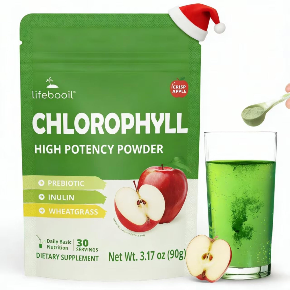Lifebooil Chlorophyll poudre : bouteille prête pour une boisson verte et rafraîchissante, dynamisant l'hydratation.