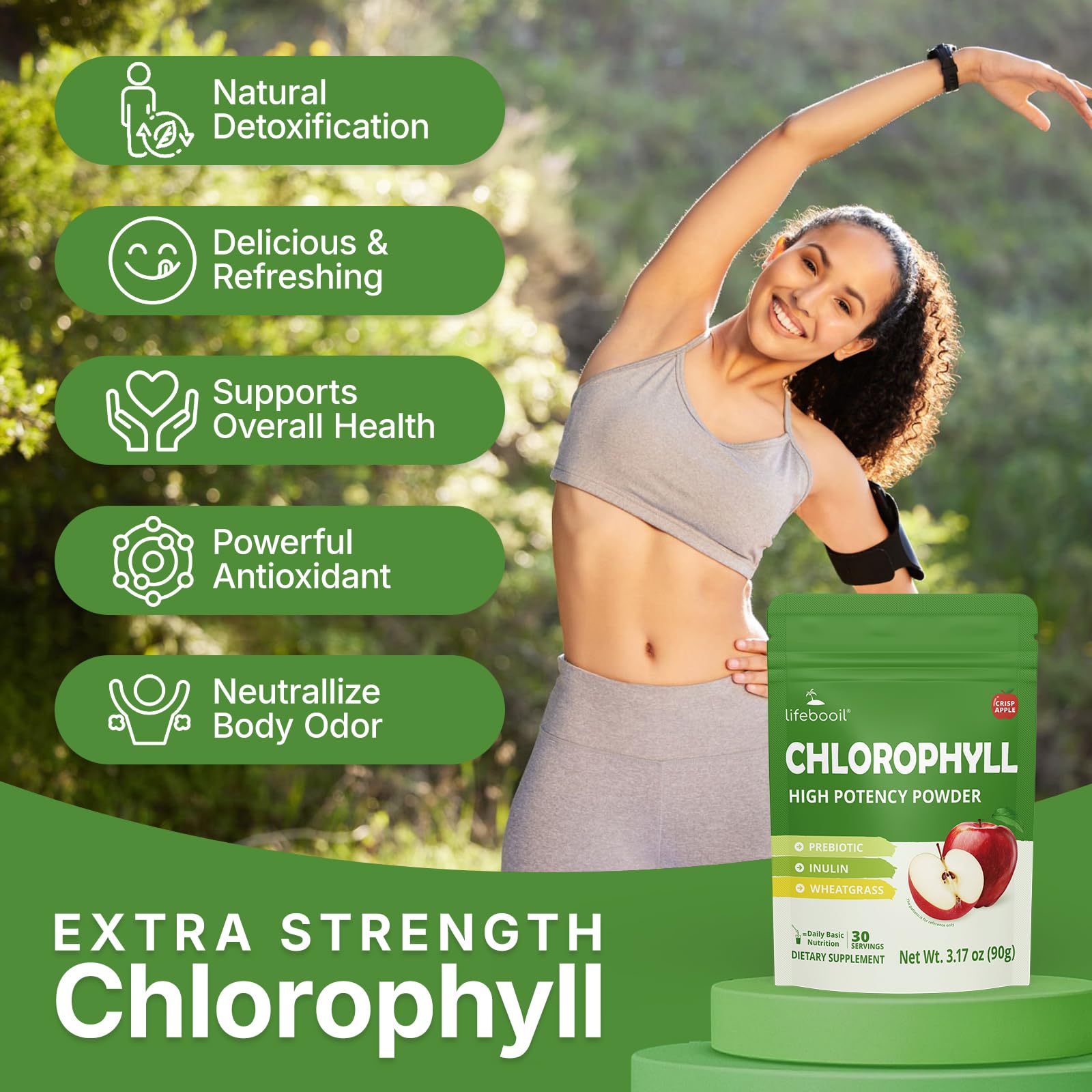 Verre d'eau verte avec Lifebooil Chlorophyll poudre, boisson rafraîchissante et légère.