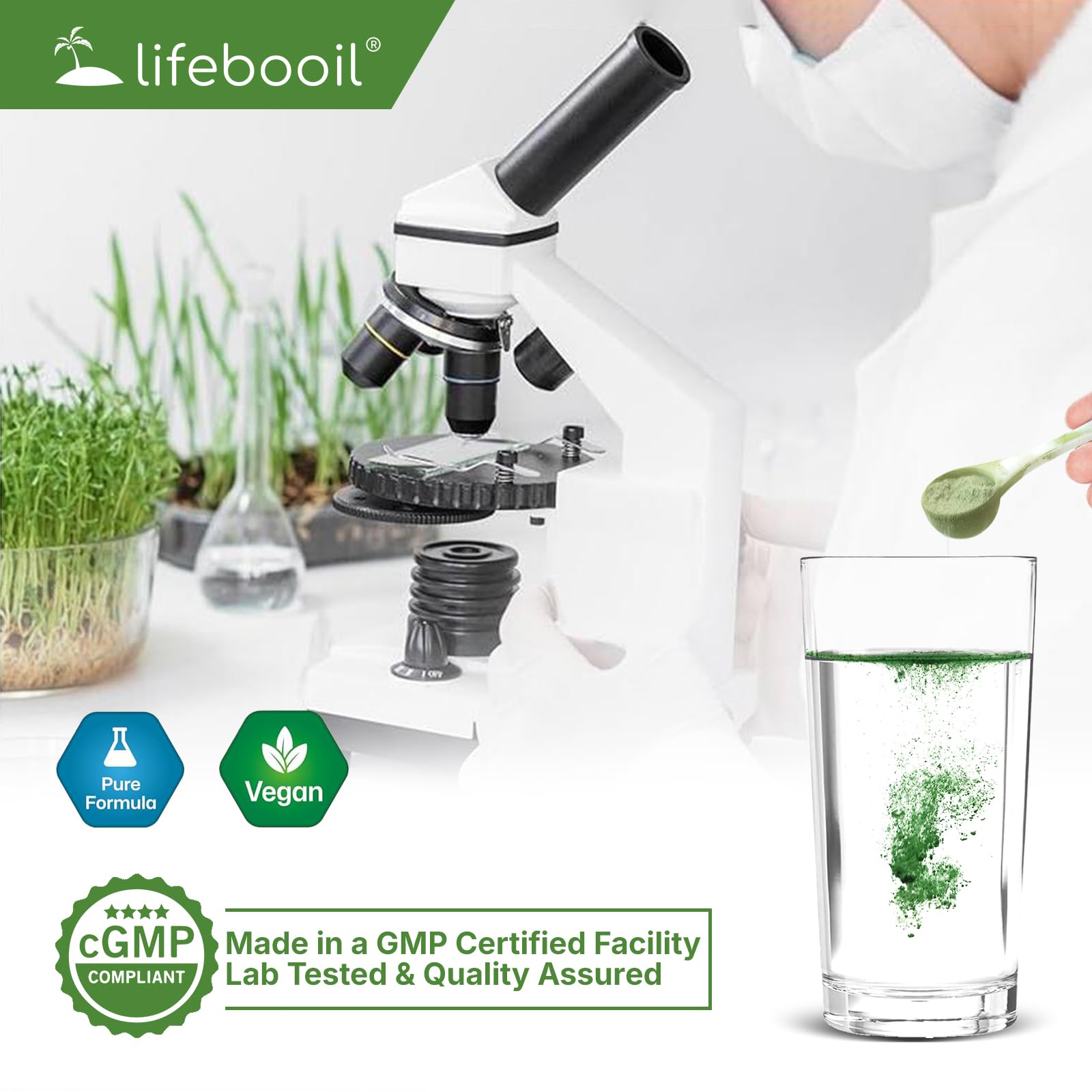 Étiquette Lifebooil Chlorophyll poudre claire pour repérer dosage et avantages.