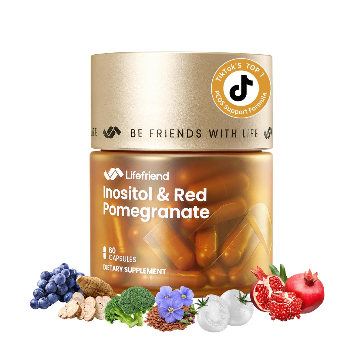 Bouteille LIFEFRIEND montrant le mélange Myo-DCI pour l'équilibre hormonal féminin.