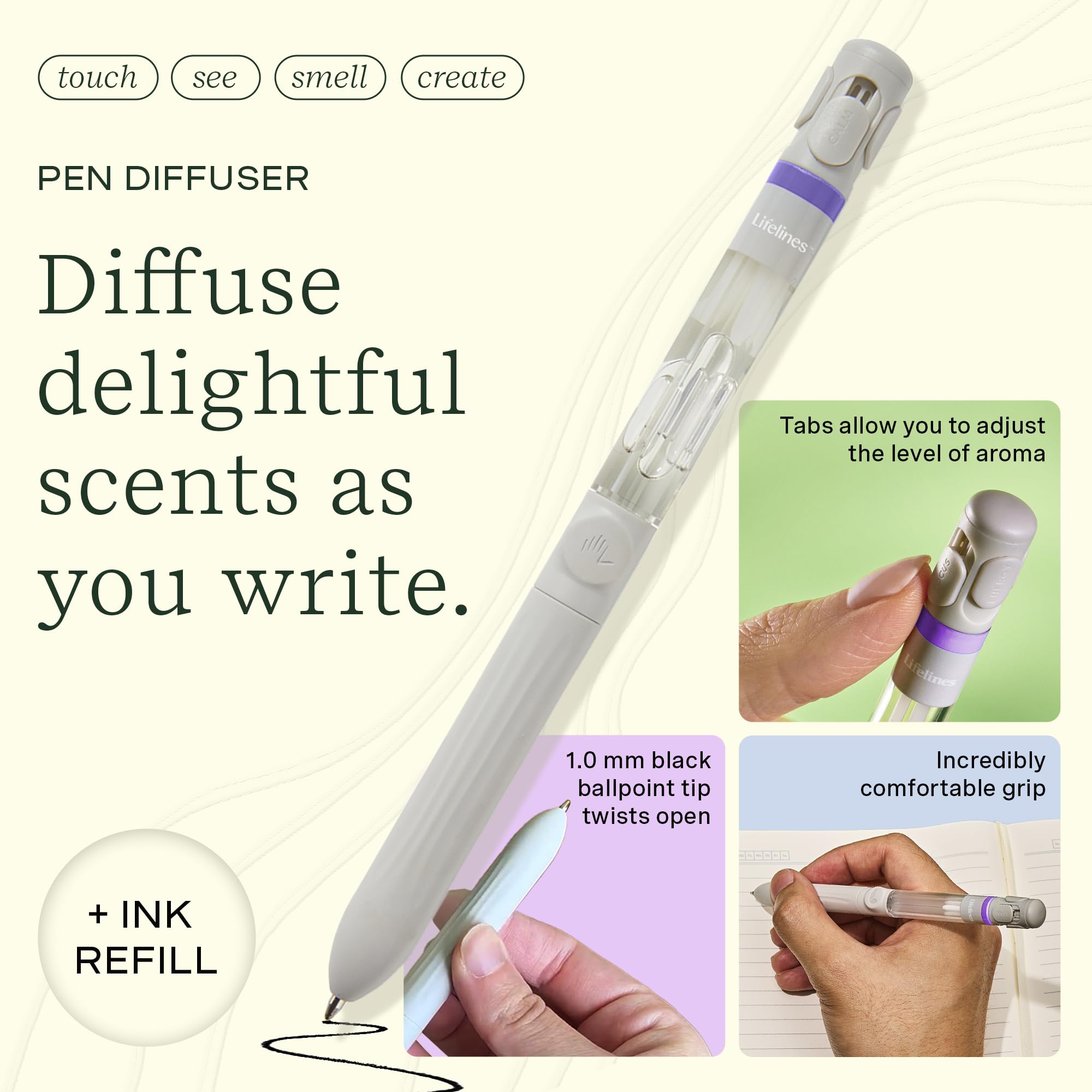 Lifelines Pen Diffuseur: recharge d’encre longue durée pour écrire tout en parfumant l’instant.