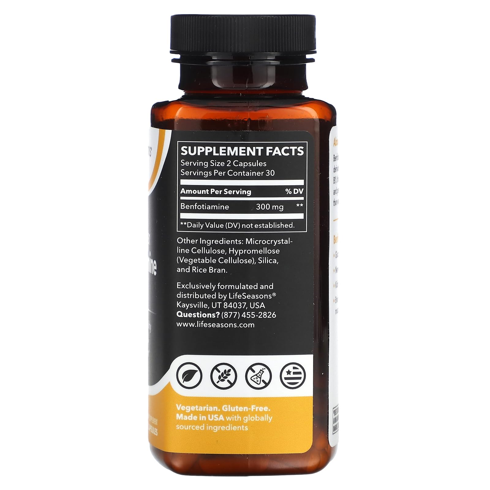 LifeSeasons Benfotiamine – bouteille de 120 capsules véganes pour une routine quotidienne.