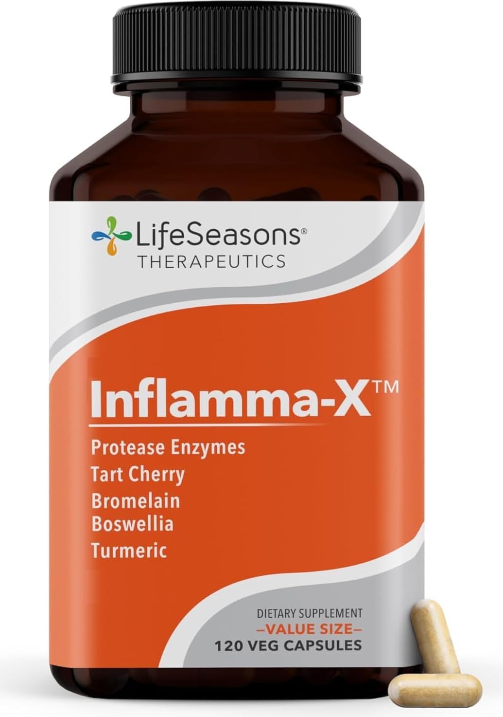 LifeSeasons Inflamma-X: bouteille et capsules favorisant le soutien des articulations.