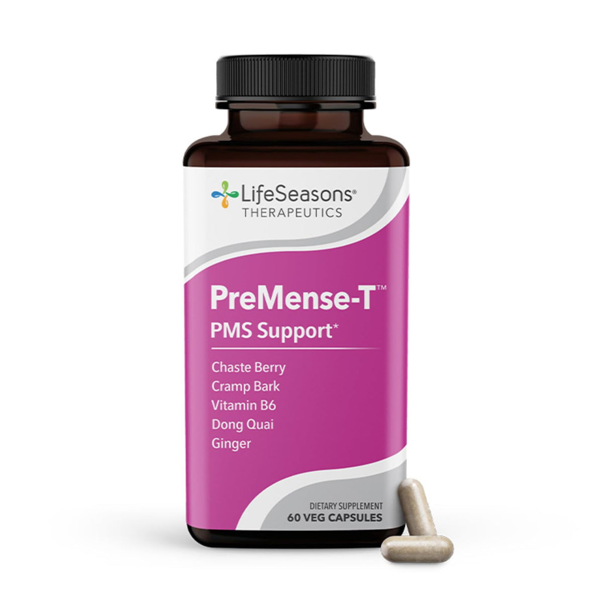 LifeSeasons PreMense-T: bouteille et dosage pour un soutien potentiel des cycles.