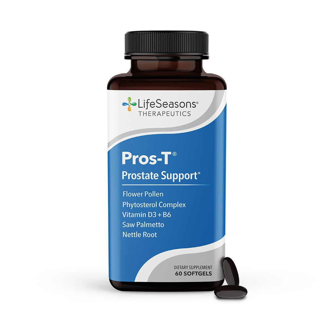 LifeSeasons Pros-T – bouteille montrant le soutien prostatique potentiel et le flux urinaire.