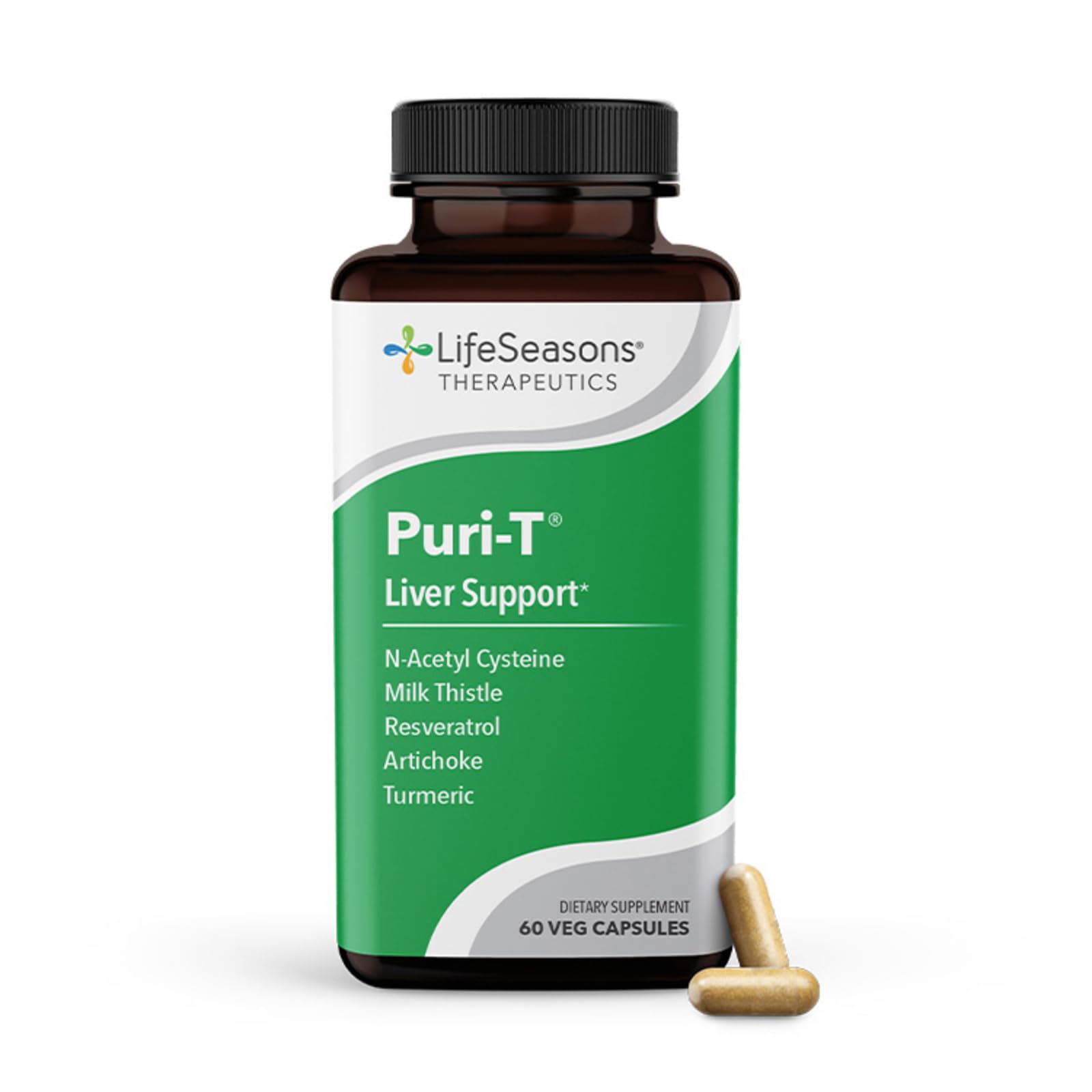 LifeSeasons Puri-T flacon: vue produit montrant l'emballage et le soutien potentiel au foie.