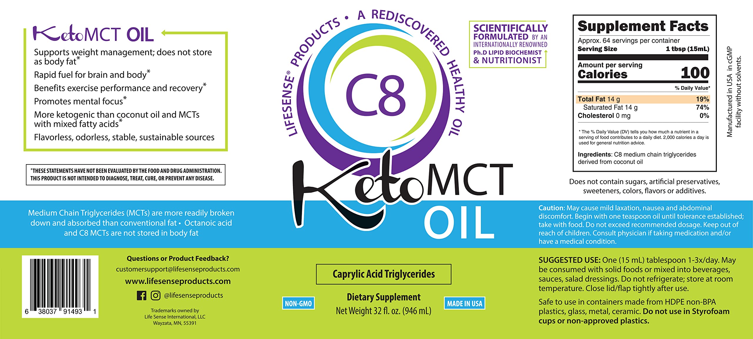 LifeSense huile MCT C8 - versement fluide pour dose précise