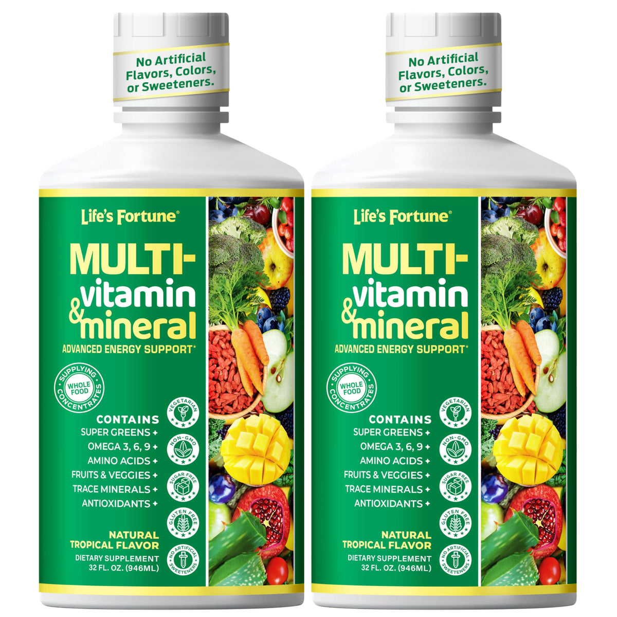 Life's Fortune bouteille multivitamine liquide visible, énergie quotidienne potentielle grâce à la formule complète