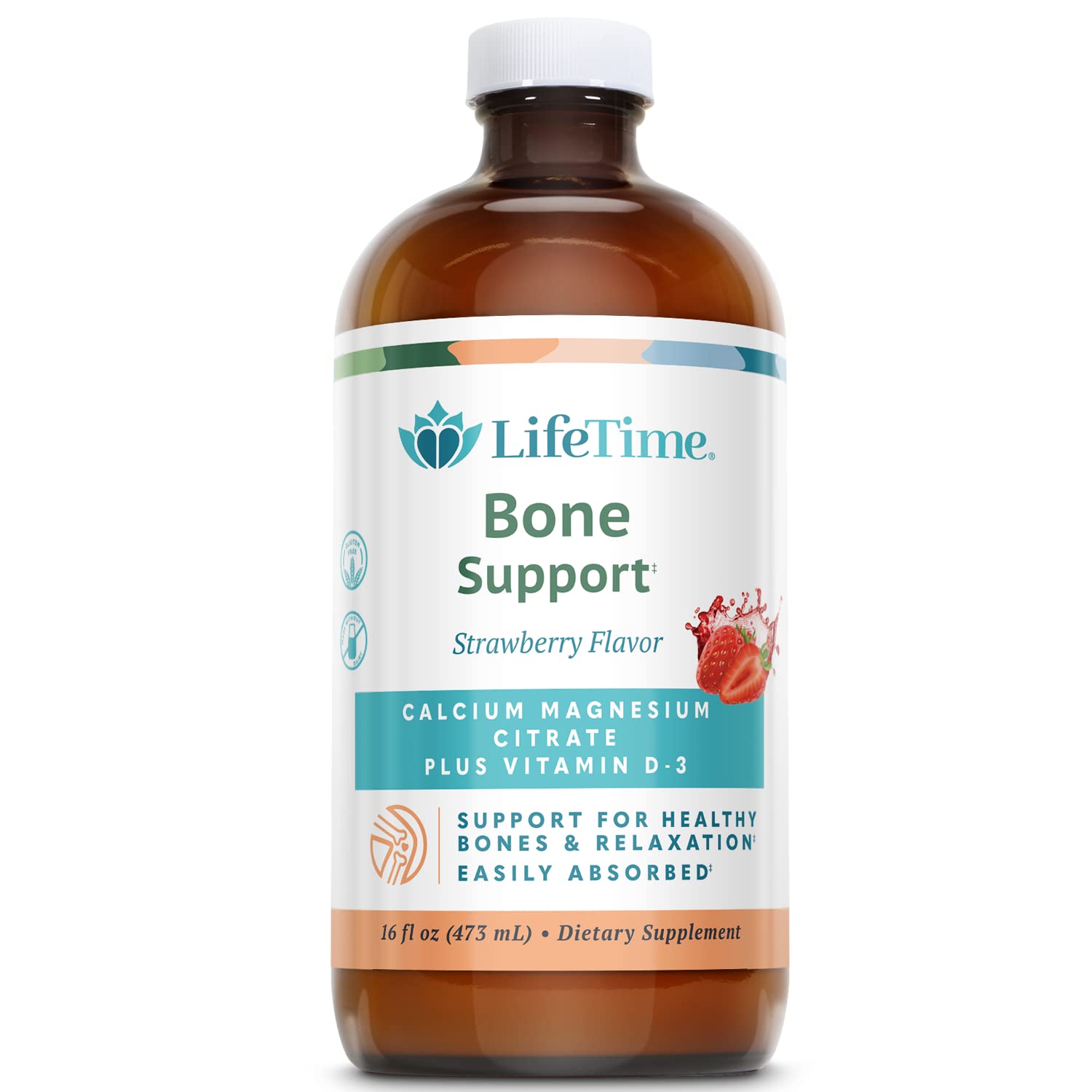 LifeTime Vitamins flacon liquide calcium magnésium, soutien quotidien des muscles et des os.