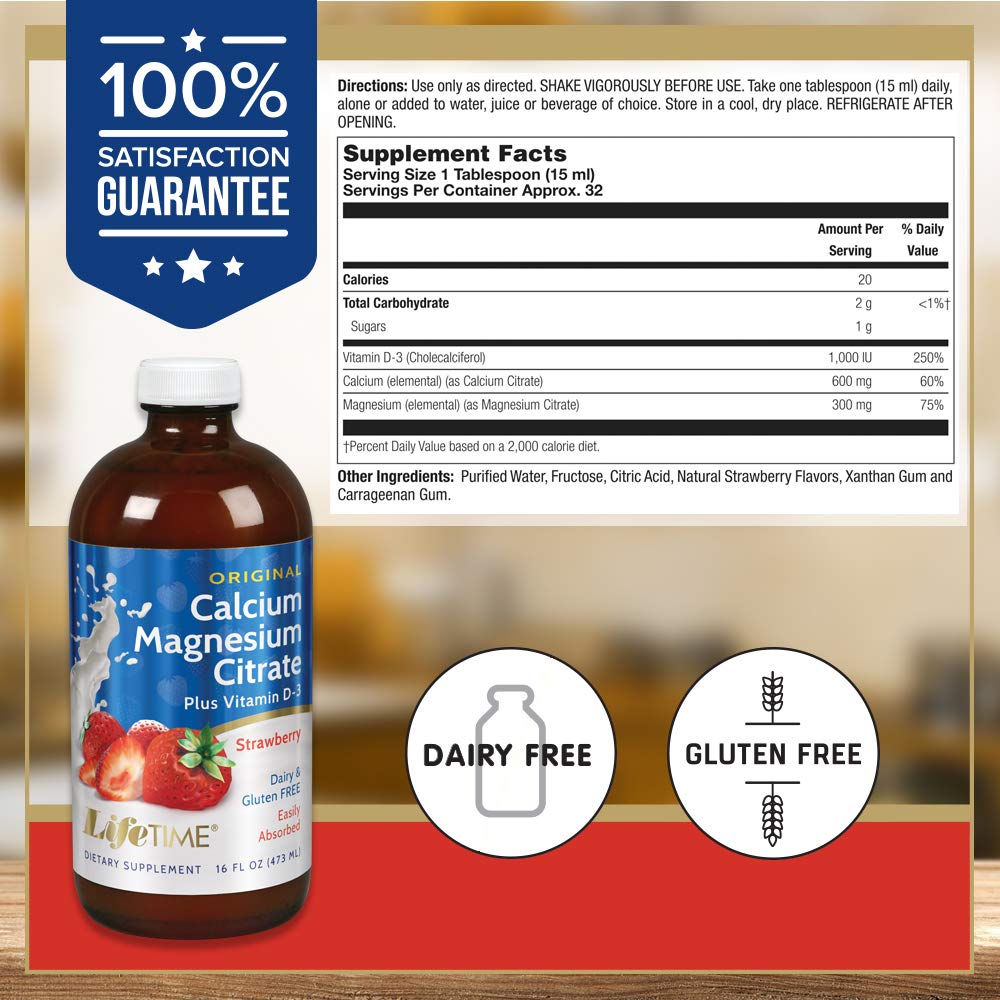 LifeTime Vitamins flacon liquide calcium magnésium saveur fraise, dégustation agréable.