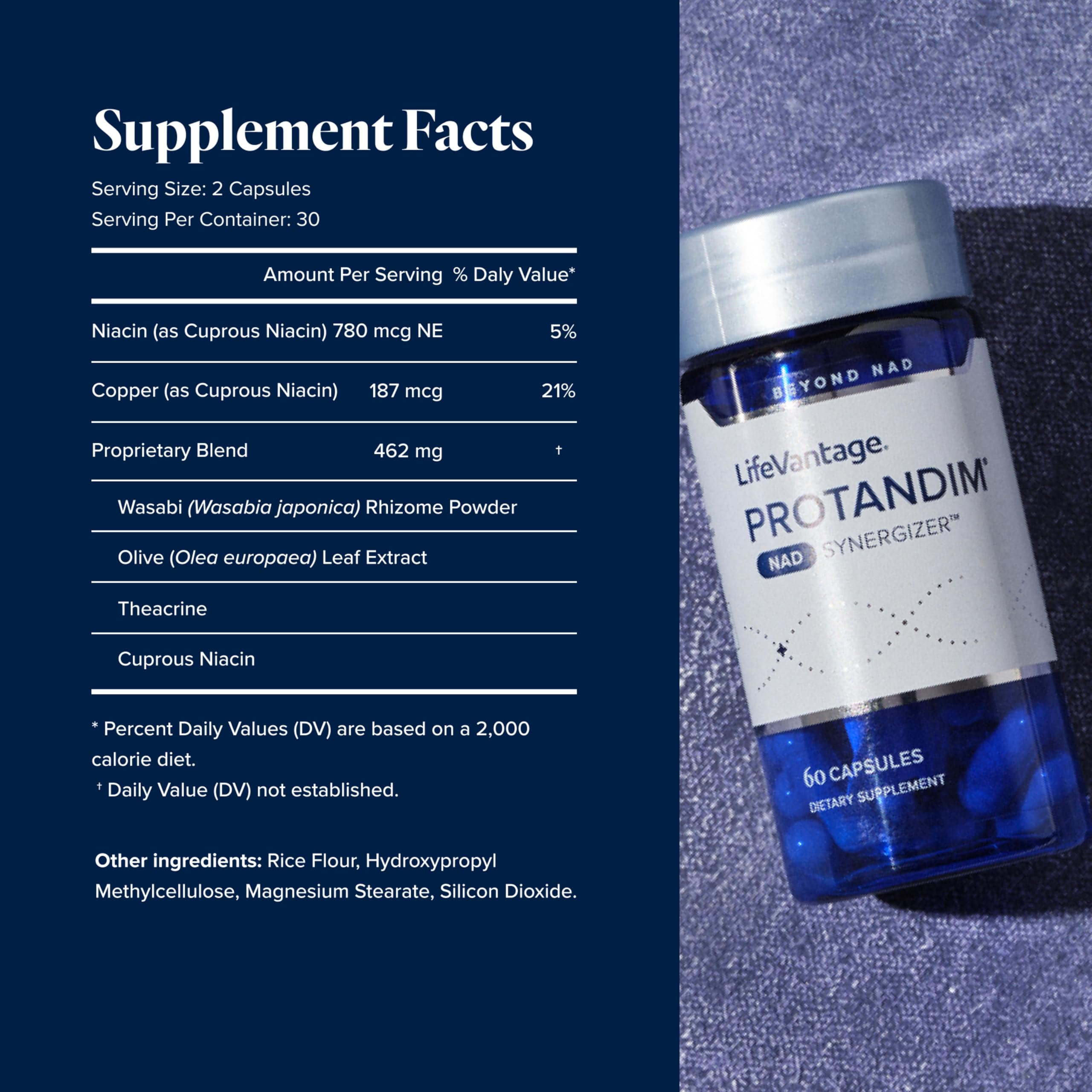 Capsules LifeVantage Protandim NAD, mise au premier plan, énergie et concentration possibles.
