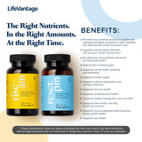 LifeVantage Rise AM et Reset PM – étiquette produit détaillée et ingrédients expliqués.