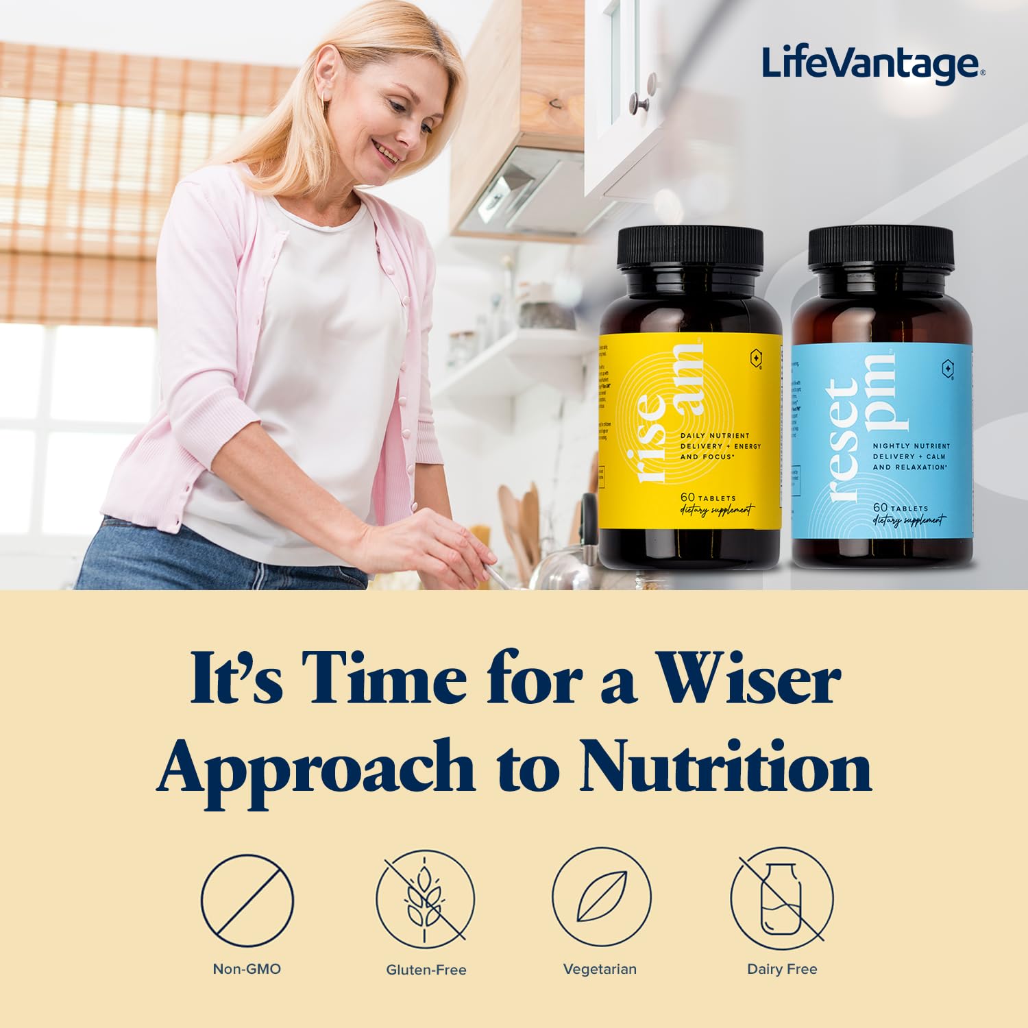 LifeVantage Rise AM – rituel matinal, énergie naturelle pour la journée.