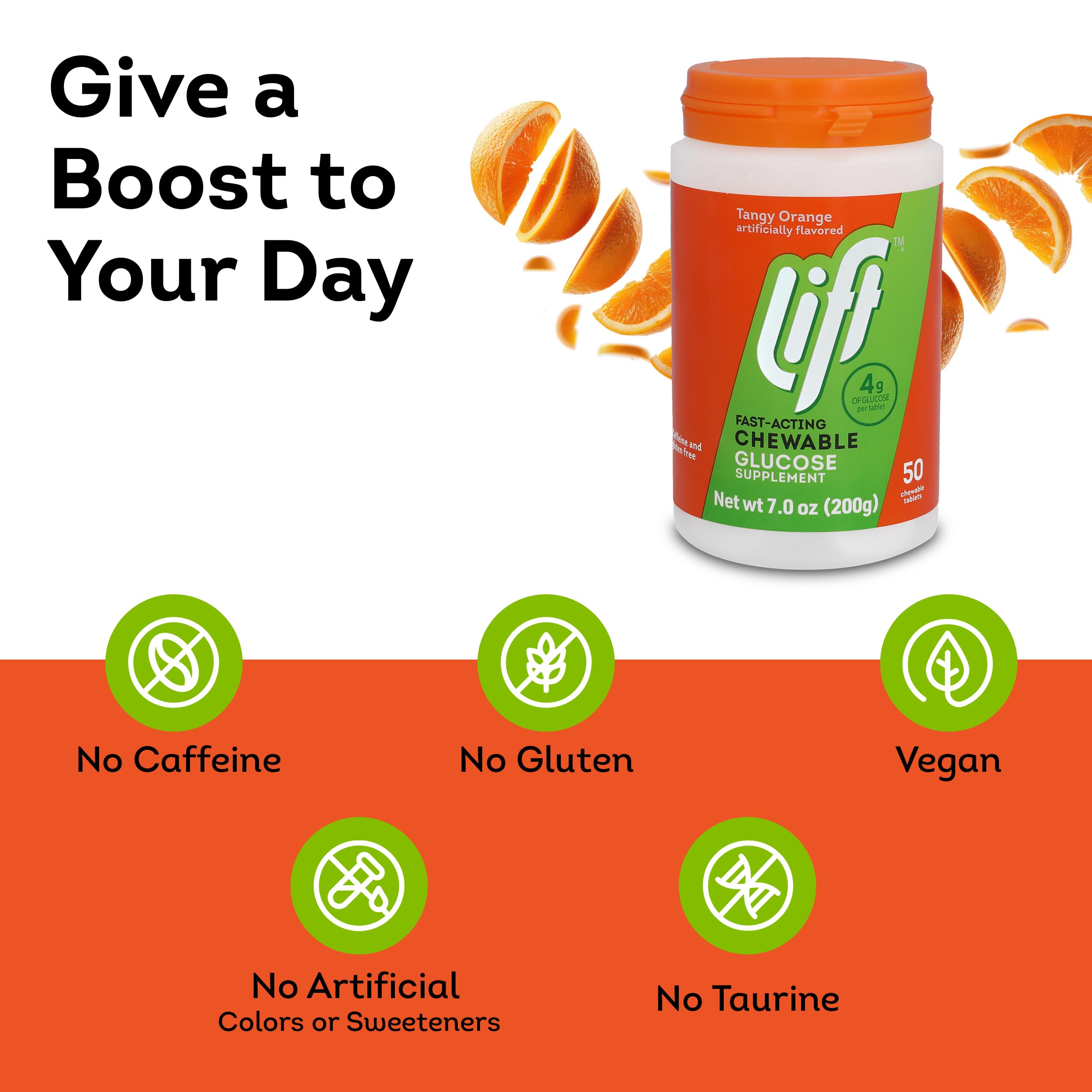 Lift Glucose comprimés orange sans caféine ni additifs pour énergie naturelle.