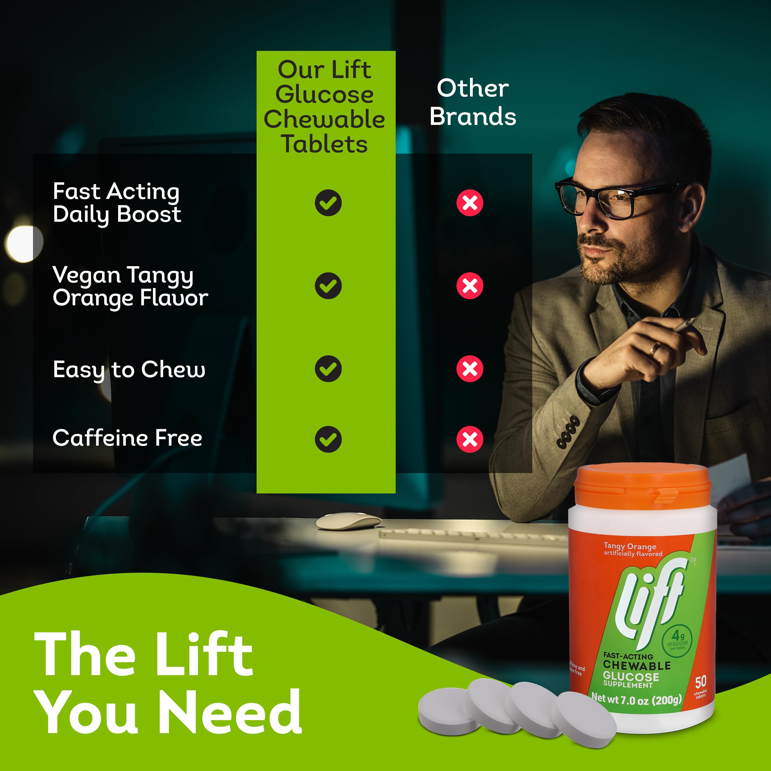 Lift Glucose tablettes vegan-orange adaptées aux régimes végétariens et véganes.