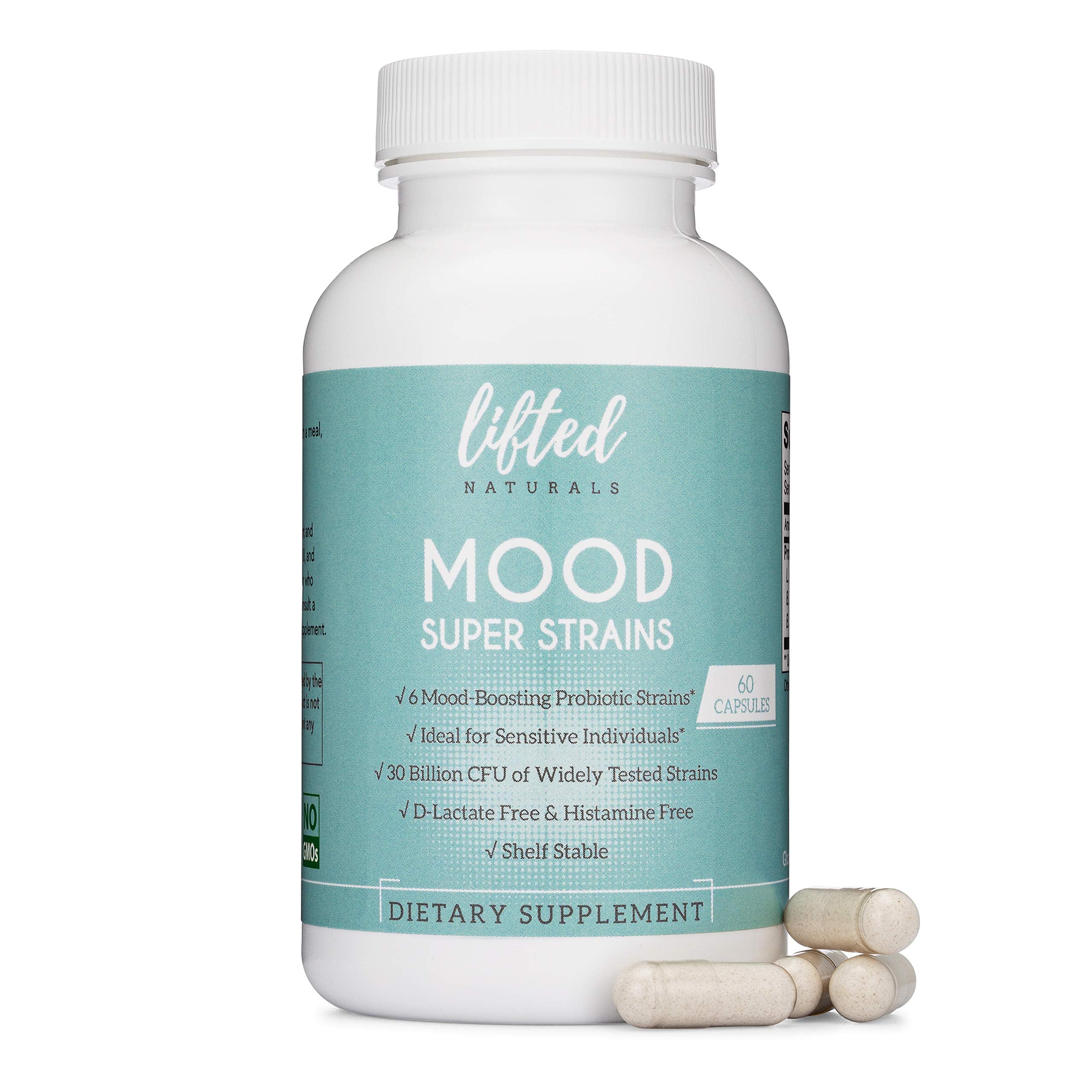 Lifted Naturals Probiotiques, bouteille 60 gélules, soutien digestif et humeur potentielle.