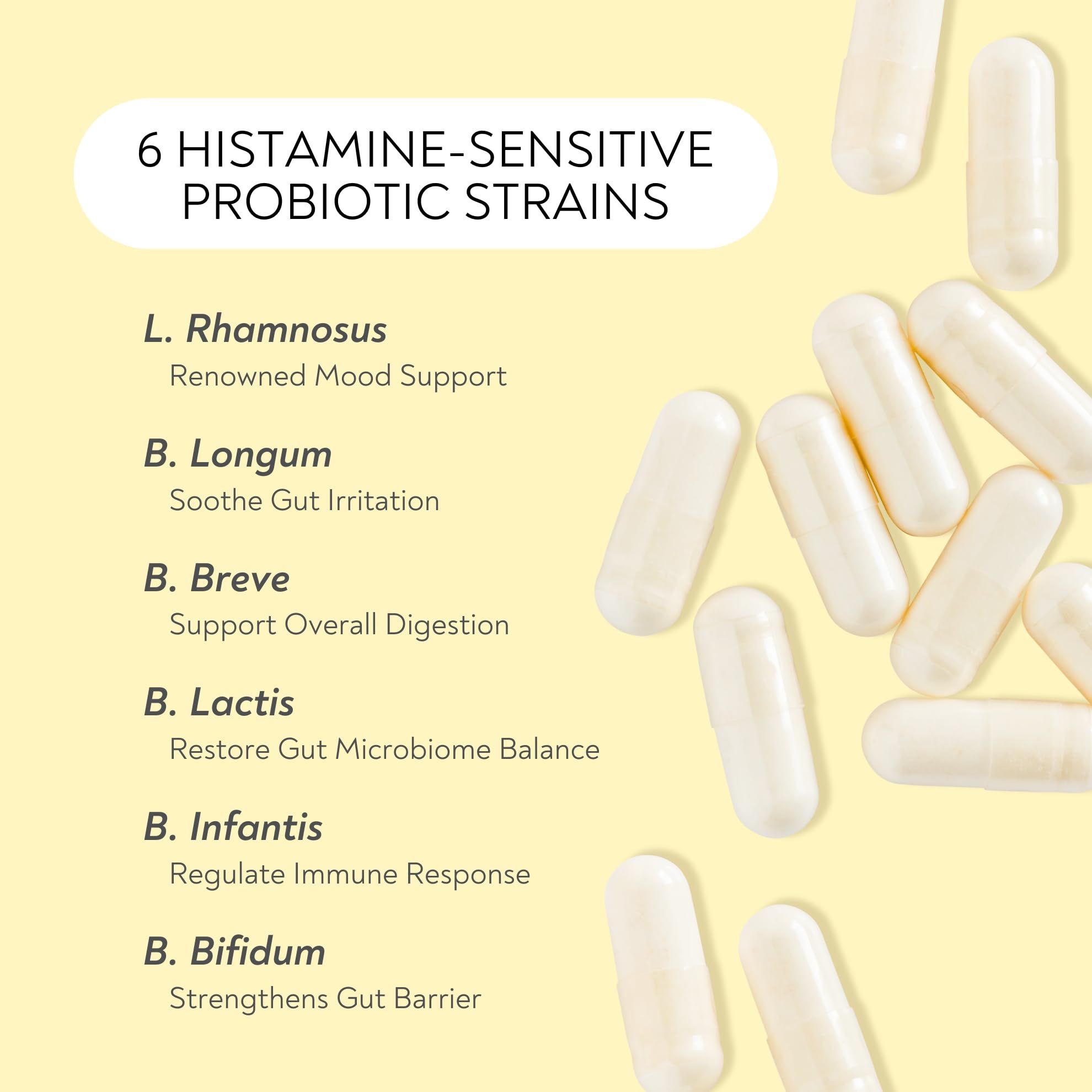 Étiquette Lifted Naturals Probiotiques, indiquant sans histamine et sans allergènes.