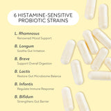Étiquette Lifted Naturals Probiotiques, indiquant sans histamine et sans allergènes.
