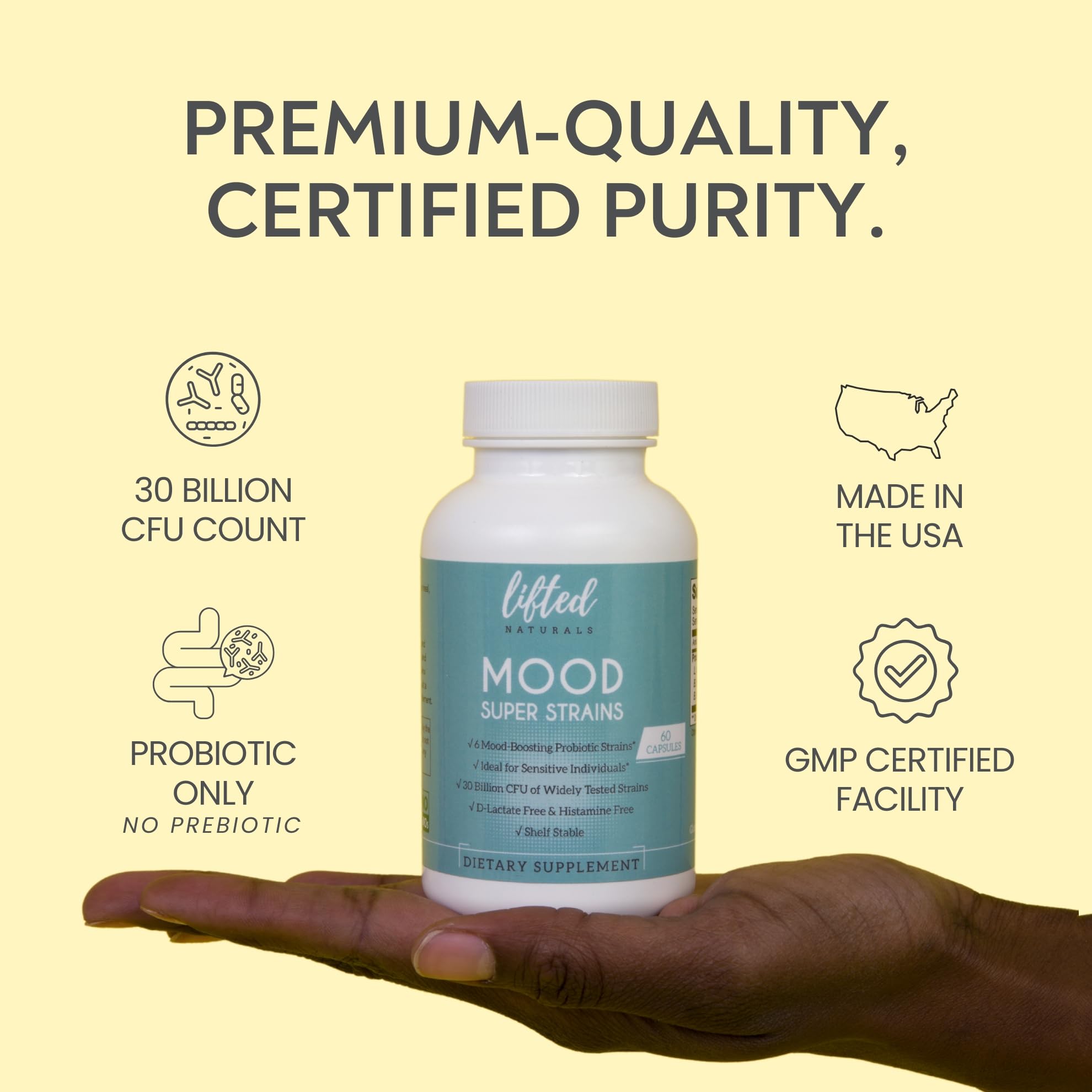 Gélules Lifted Naturals Probiotiques, format pratique pour utilisation quotidienne.