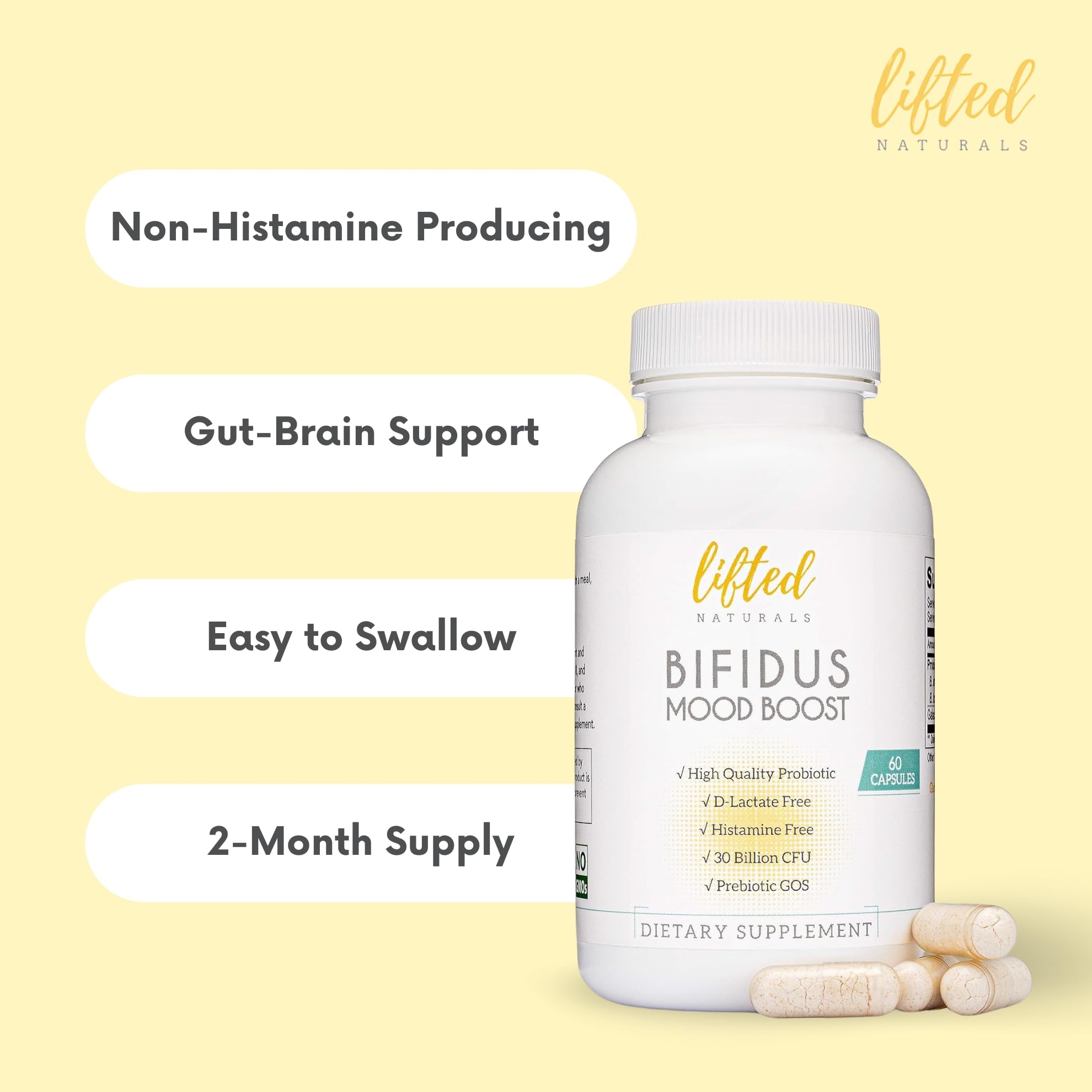 Lifted Naturals Probiotiques – prébiotique GOS inclus pour nourrir les bonnes bactéries.