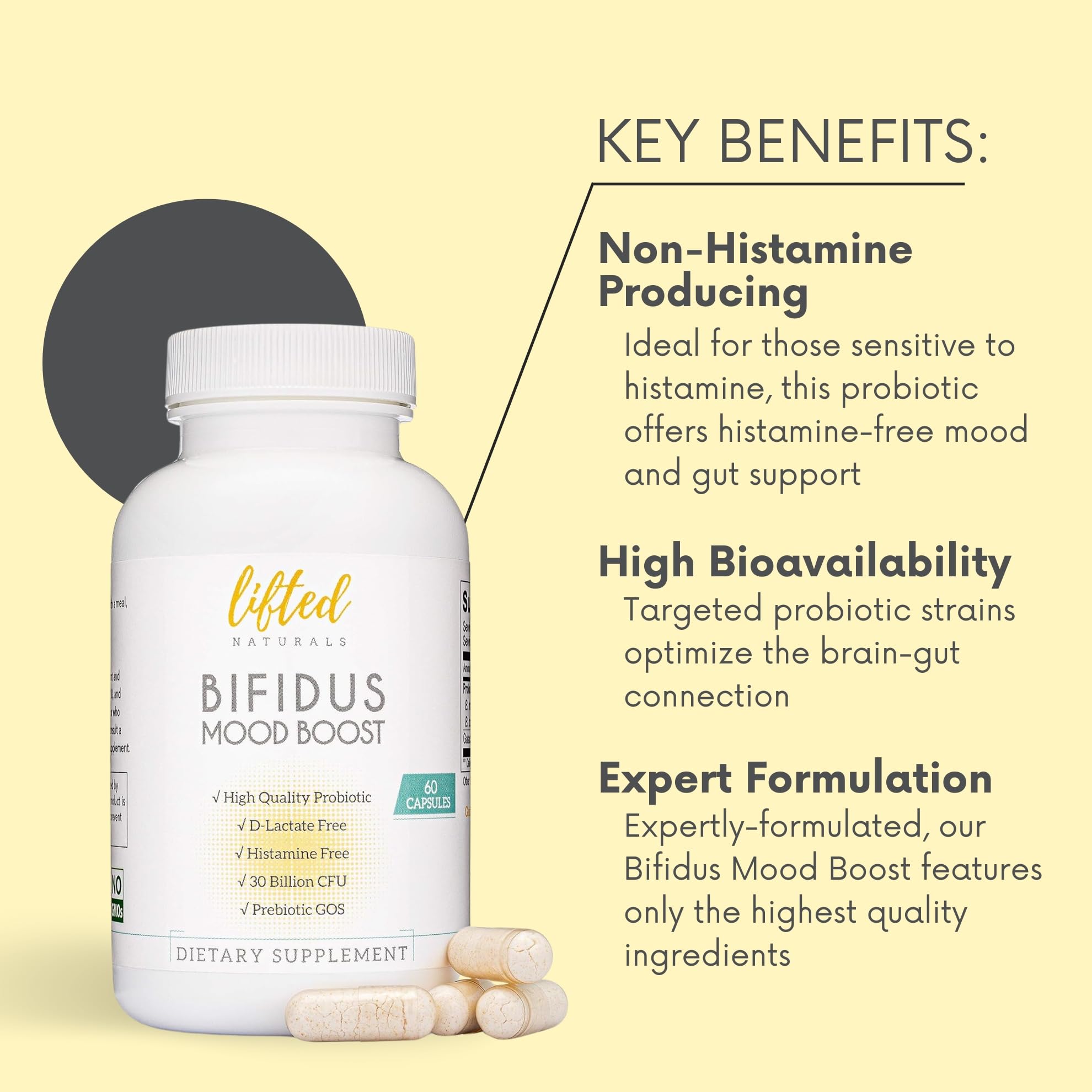 Lifted Naturals Probiotiques – souches Bifidus adaptées à l'humeur et à la digestion.