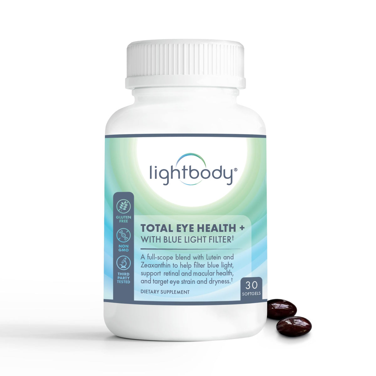 Lightbody Total Eye Health+ montre sa bouteille de gélules molles, confort visuel au quotidien.