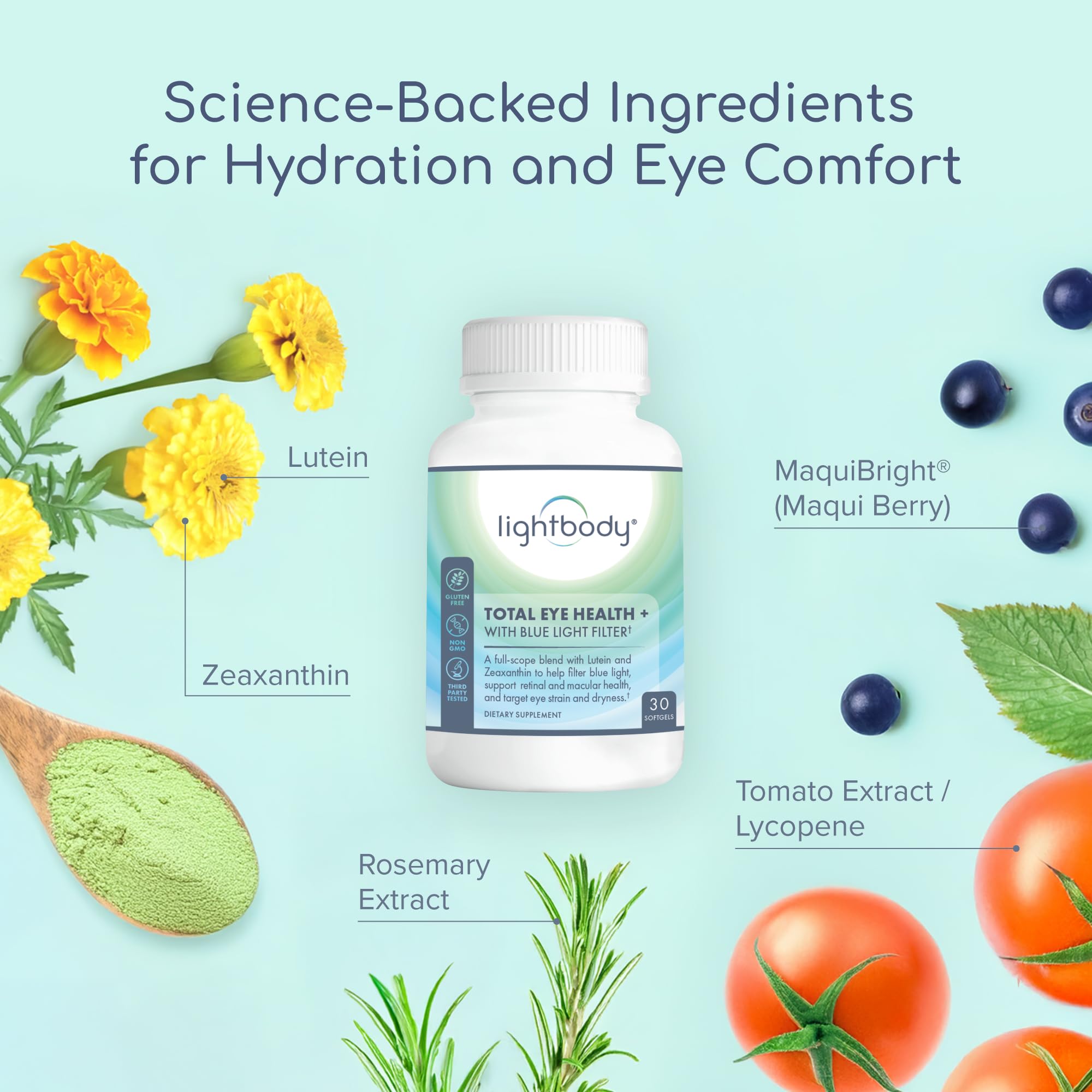 Gros plan sur les capsules Lightbody Total Eye Health+, faciles à avaler au quotidien.