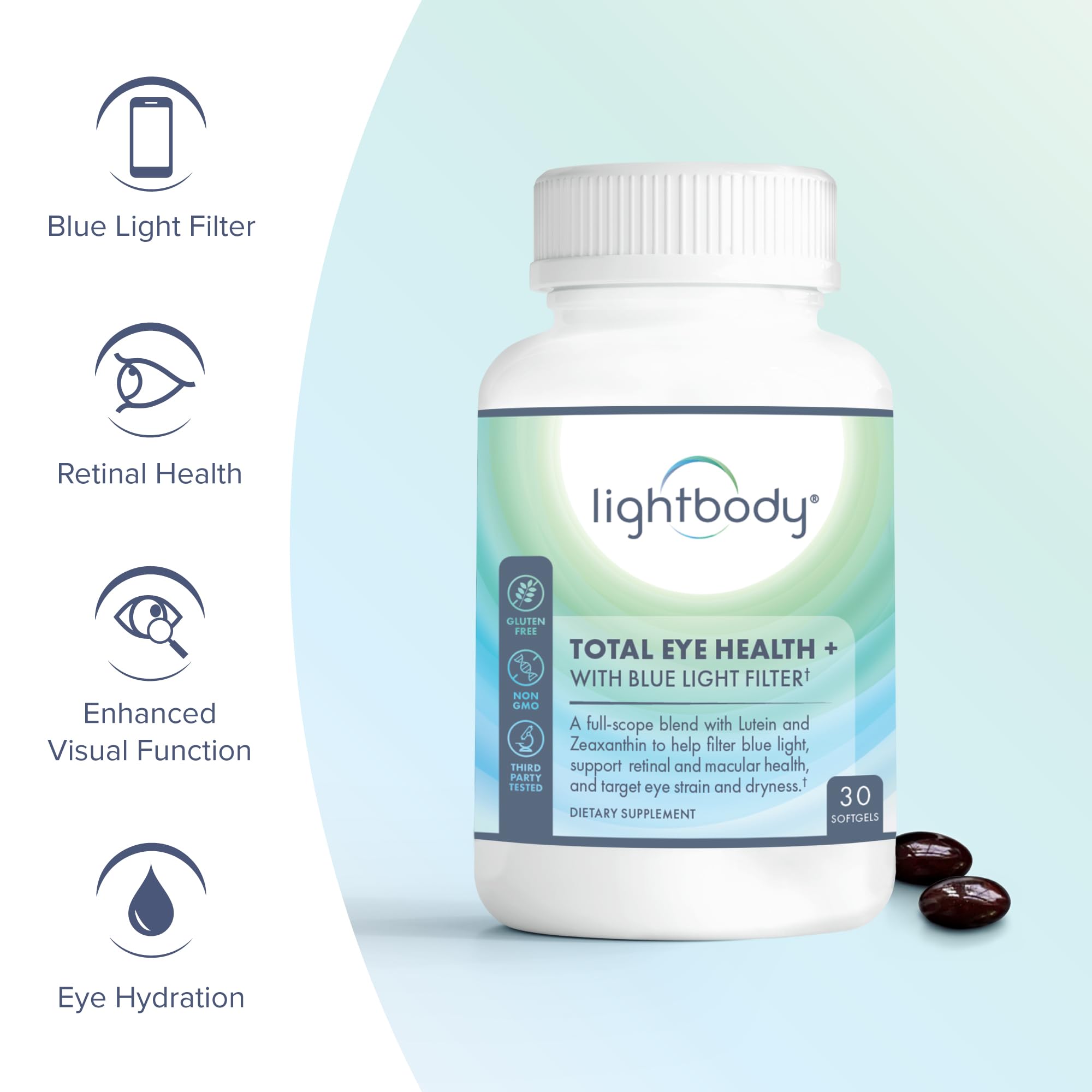 Lightbody Total Eye Health+ étiquette sans OGM, image claire et informative.