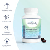 Lightbody Total Eye Health+ étiquette sans OGM, image claire et informative.