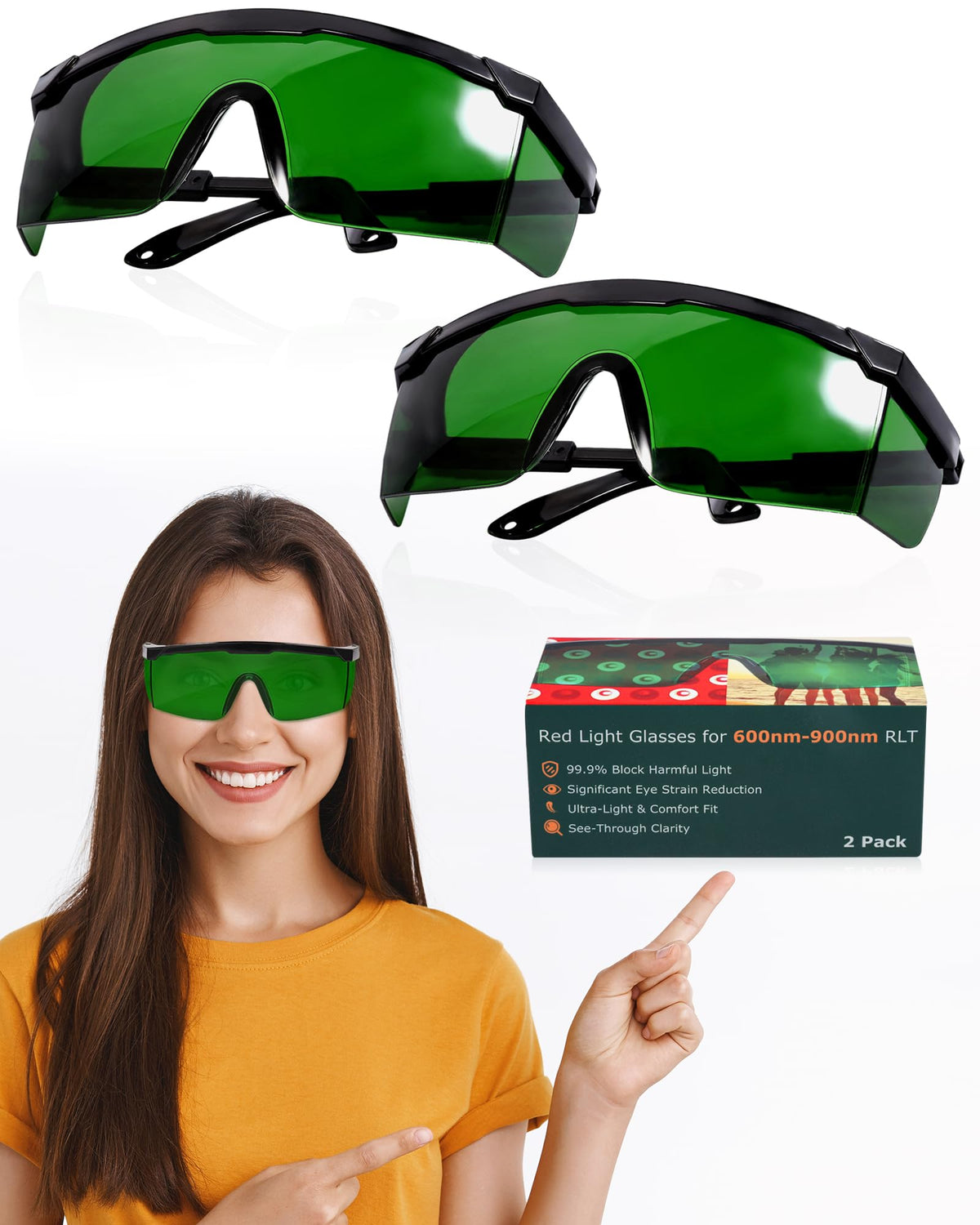 Lunettes LIGHTMEUP protégeant des longueurs d’onde 200–2000 nm pendant les séances.