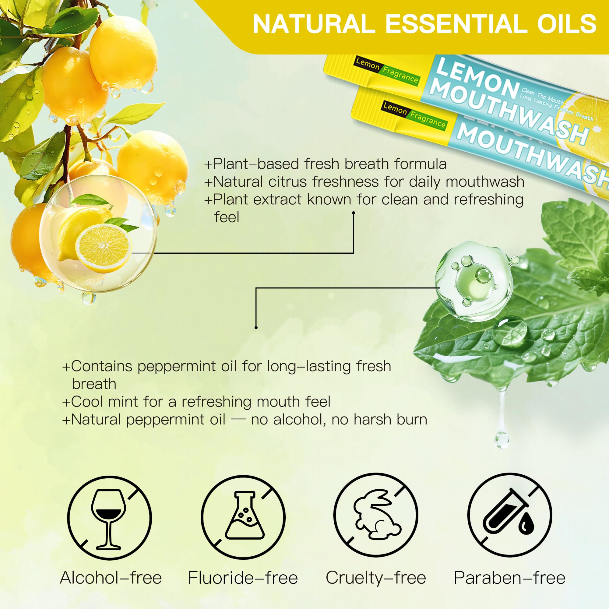 Liillya bain de bouche citron menthe, parfum frais pour haleine durable après les repas.
