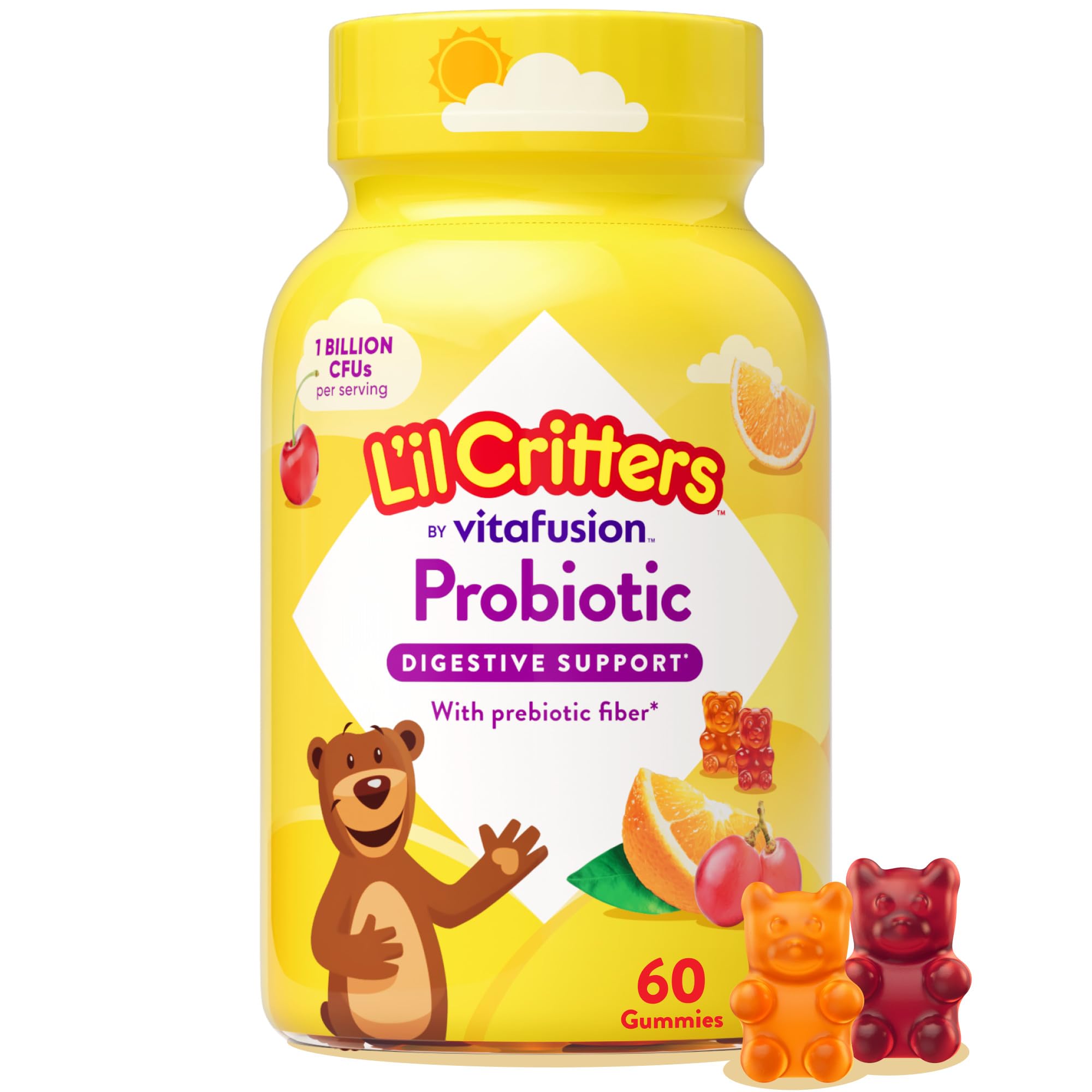 L’il Critters Probiotic Quotidien sur l’étiquette, soutien digestif pour les enfants.