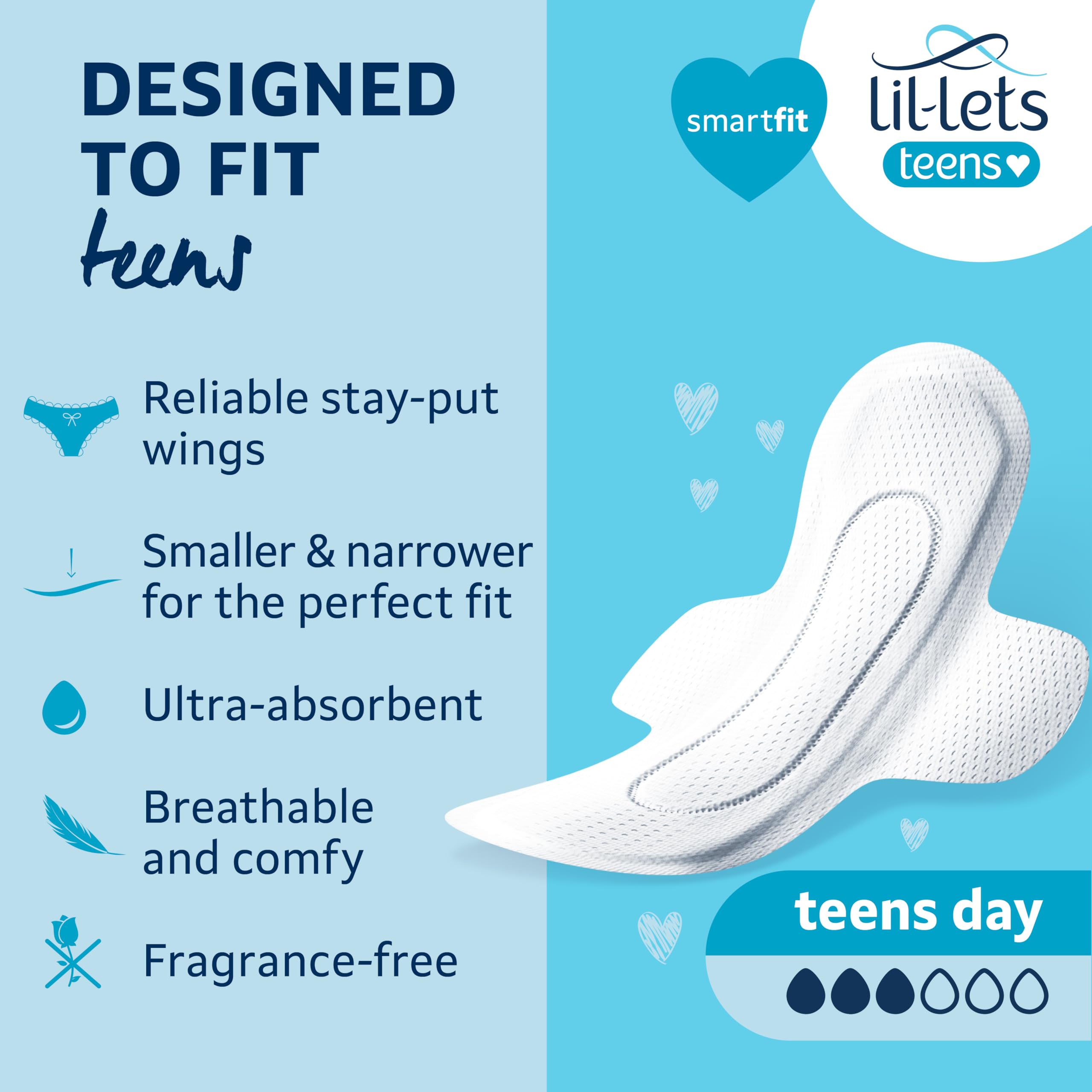 Lil-Lets Teens Day Pads avec ailes, emballage individuel pratique pour le sac.