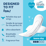 Lil-Lets Teens Day Pads avec ailes, emballage individuel pratique pour le sac.