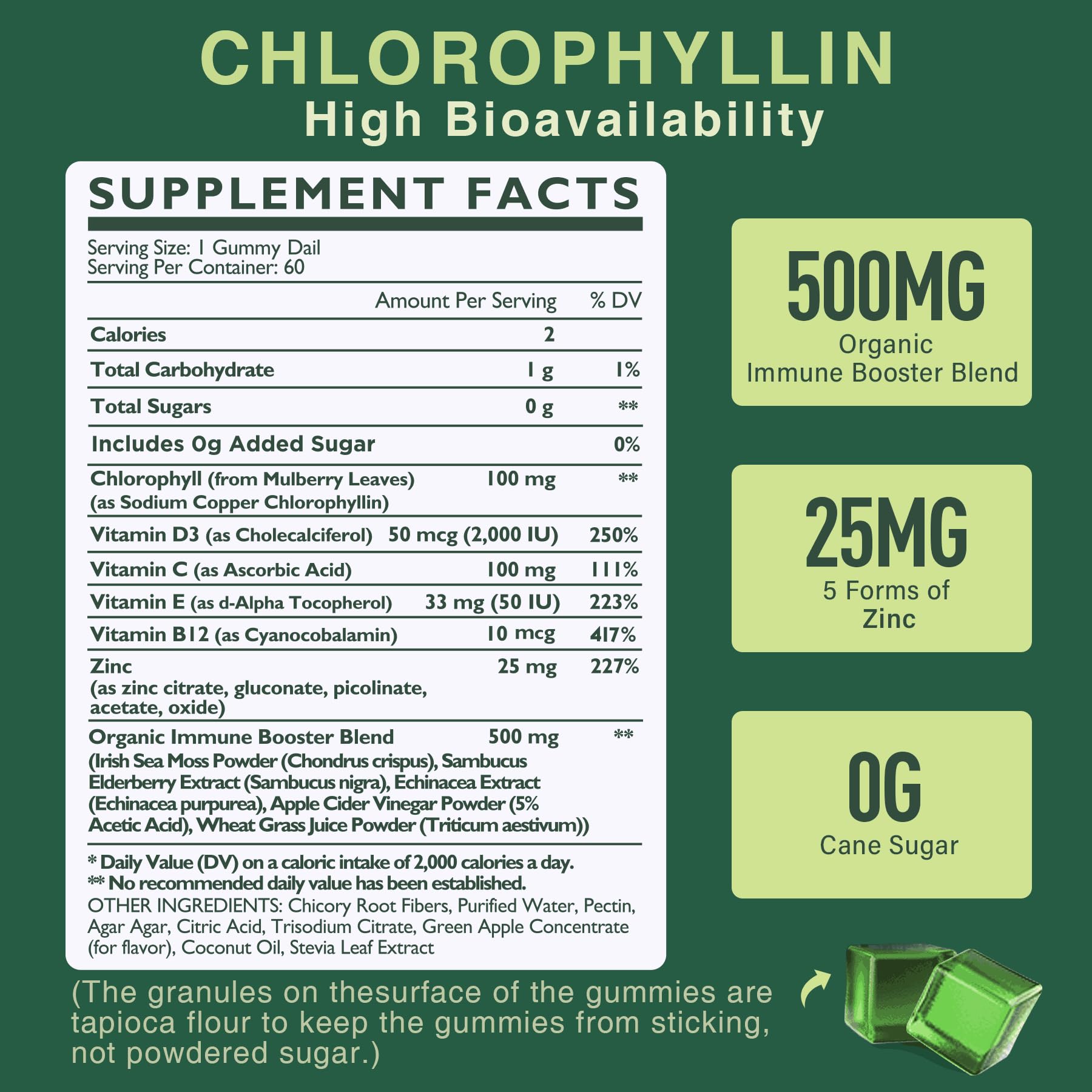 Gommes chlorophylle Lilicare vertes présentées comme collation savoureuse.