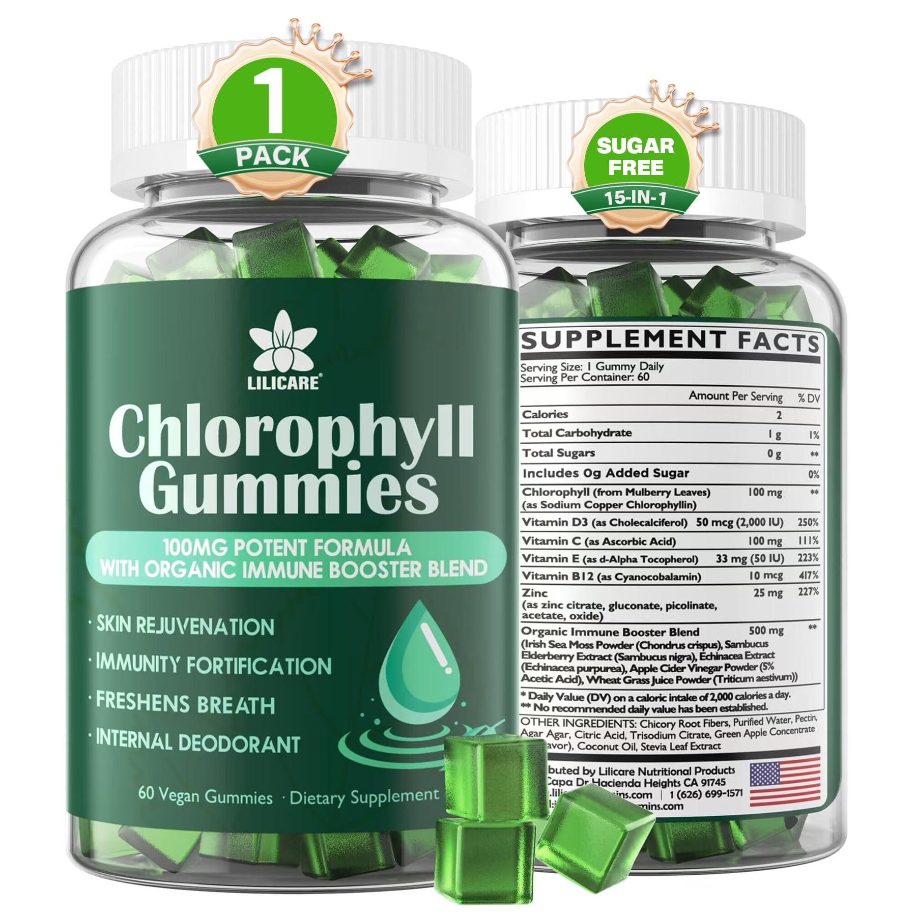 Gomme Lilicare chlorophylle en bouteille, soutien potentiel énergie et digestion.