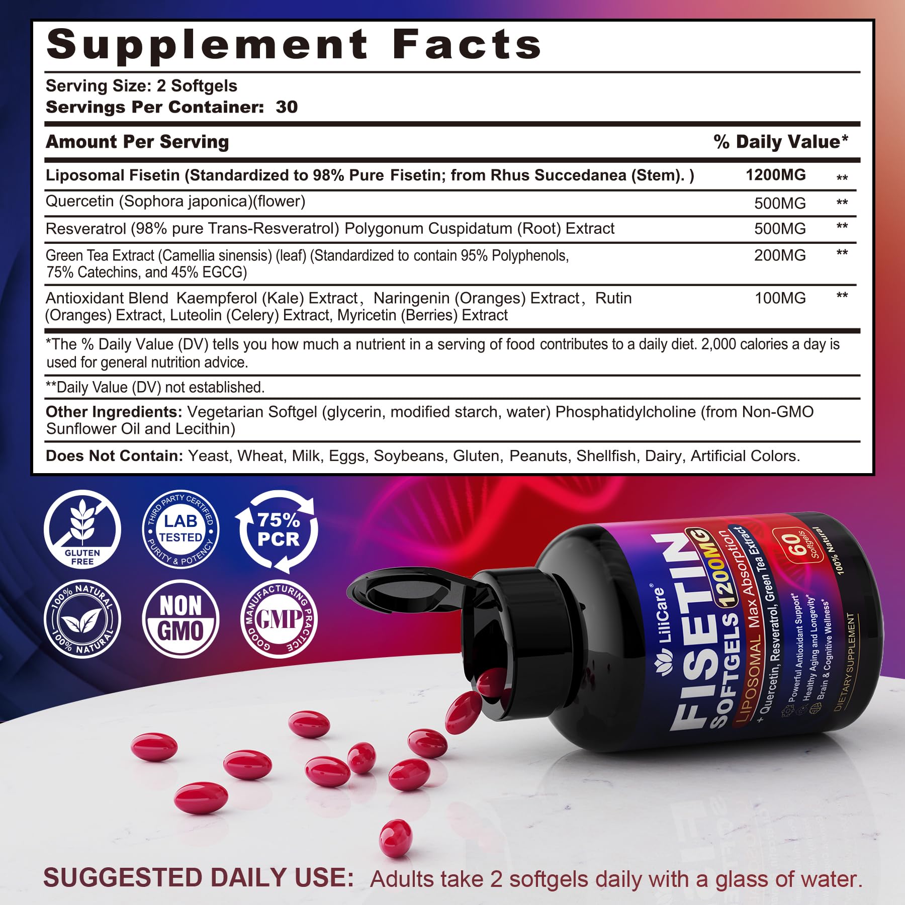 Capsules Lilicare Fisetin liposomales avec absorption rapide et efficace.