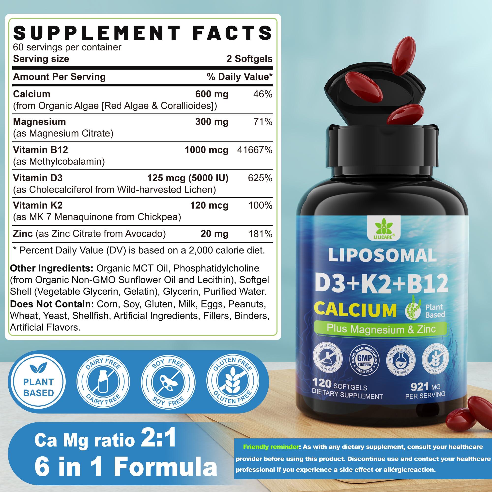 Gélules liposomales D3-K2 de LILICARE, flacon clair et faciles à prendre.