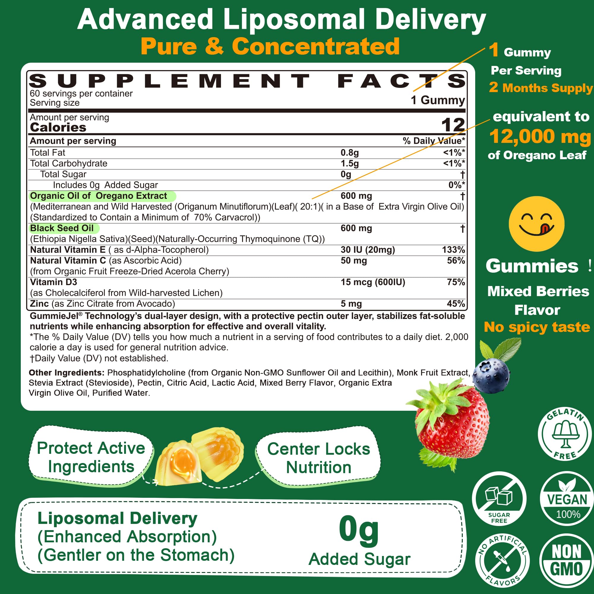 LILICARE: gomme origan nigelle, gros plan, absorption douce.