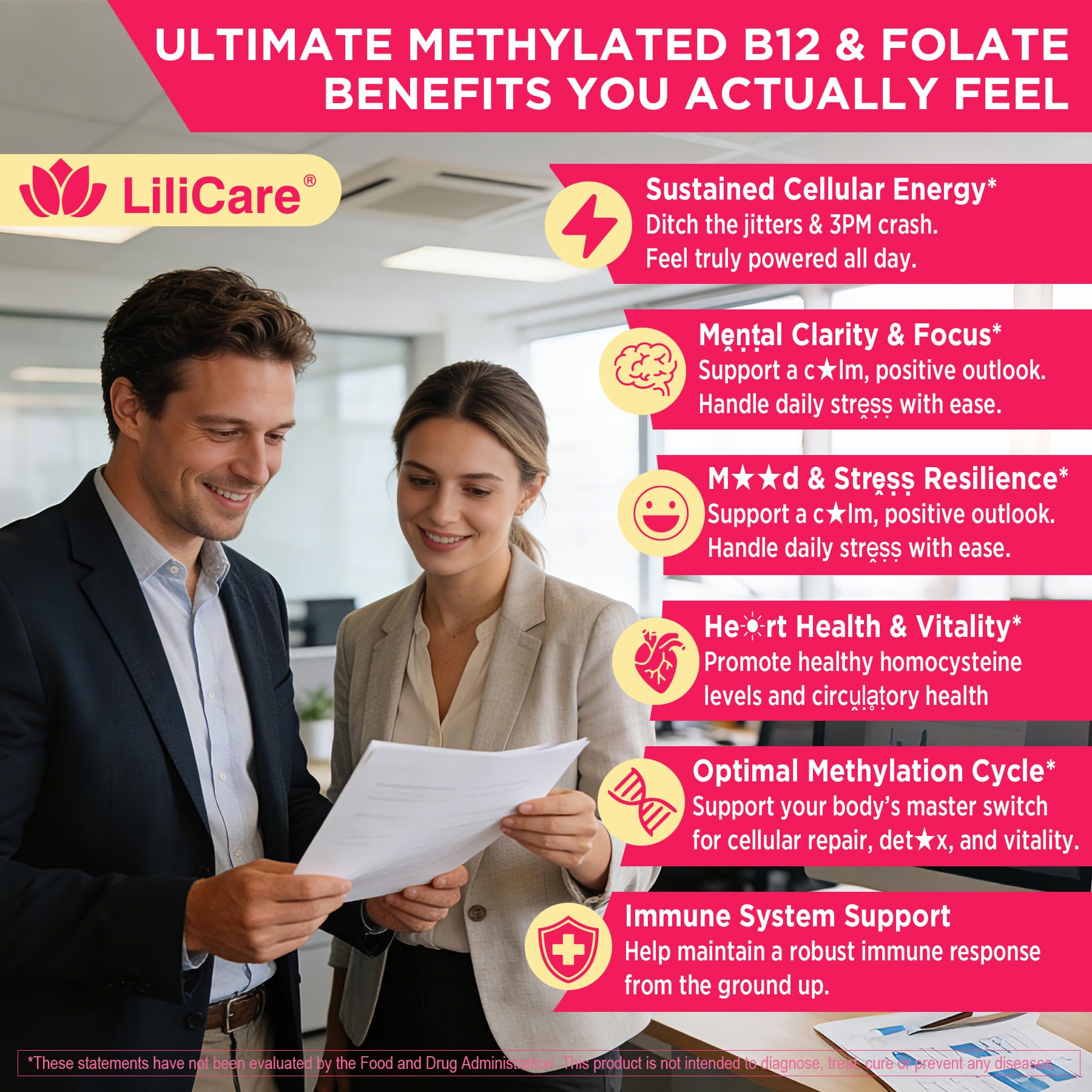 Étiquette Lilicare B12 et Folate sur l'emballage, ingrédients clés visibles.