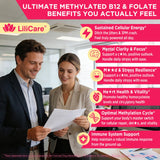 Étiquette Lilicare B12 et Folate sur l'emballage, ingrédients clés visibles.